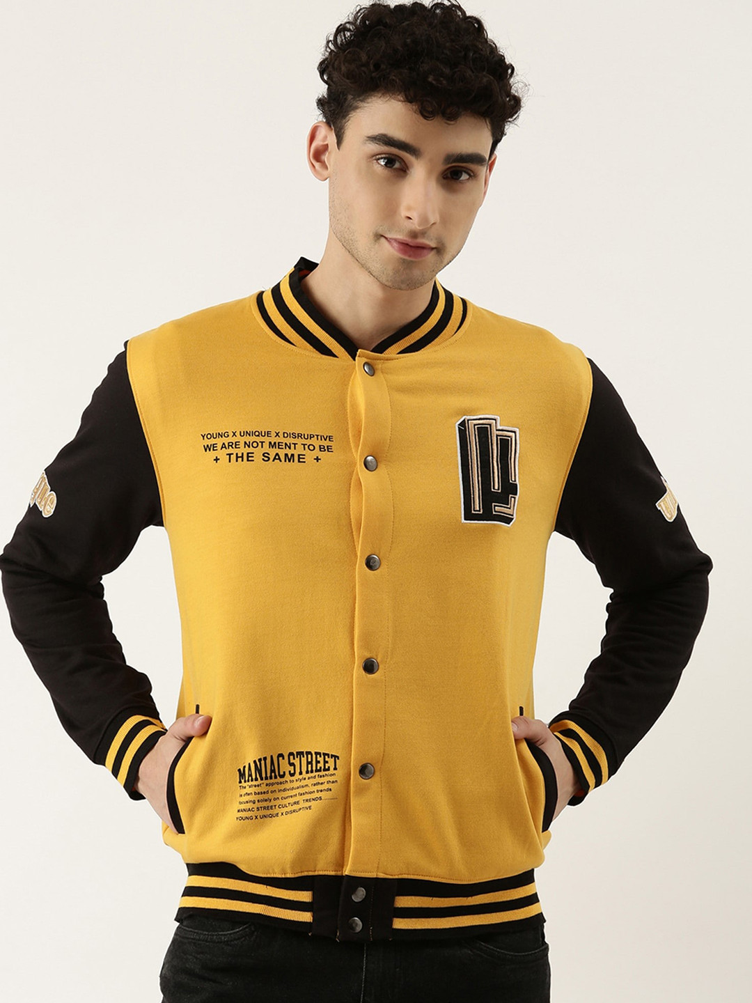 Maniac Men Yellow Black Colourblocked Button Down Bomber Jacket