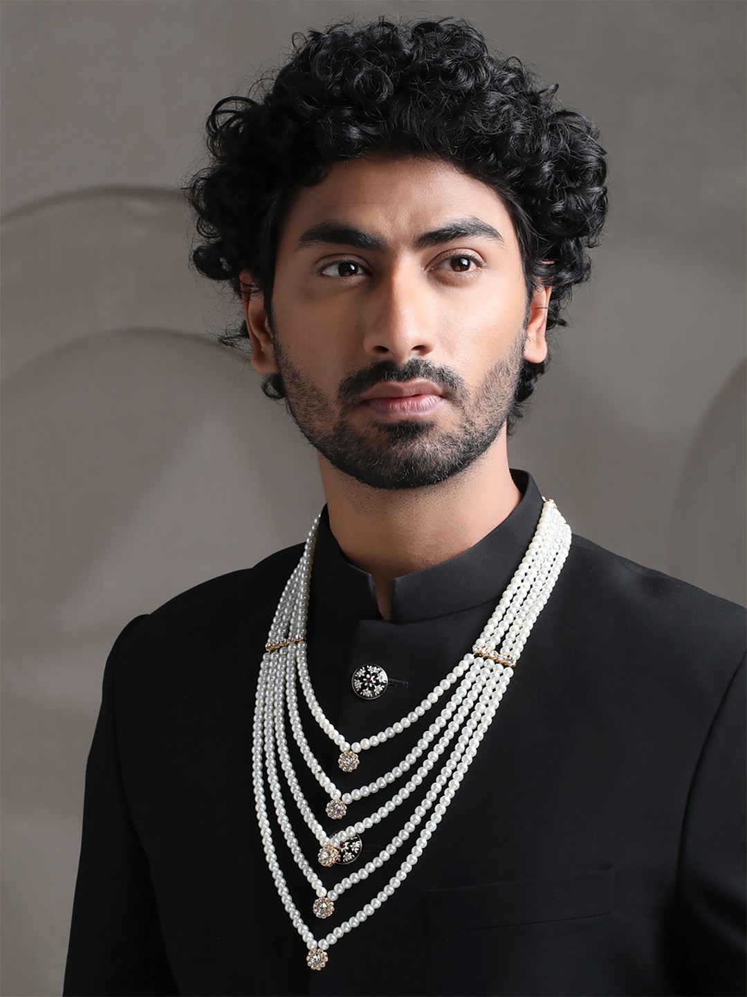 Yellow Chimes Men Gold-Toned & White Gold-Plated Multilayer Pearl Dulha Necklace