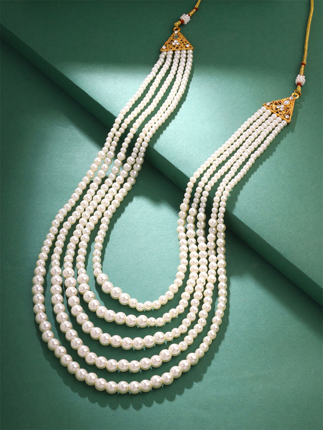 Yellow Chimes Men Gold-Toned & White Pearl Gold-Plated Multilayer Dulha Necklace