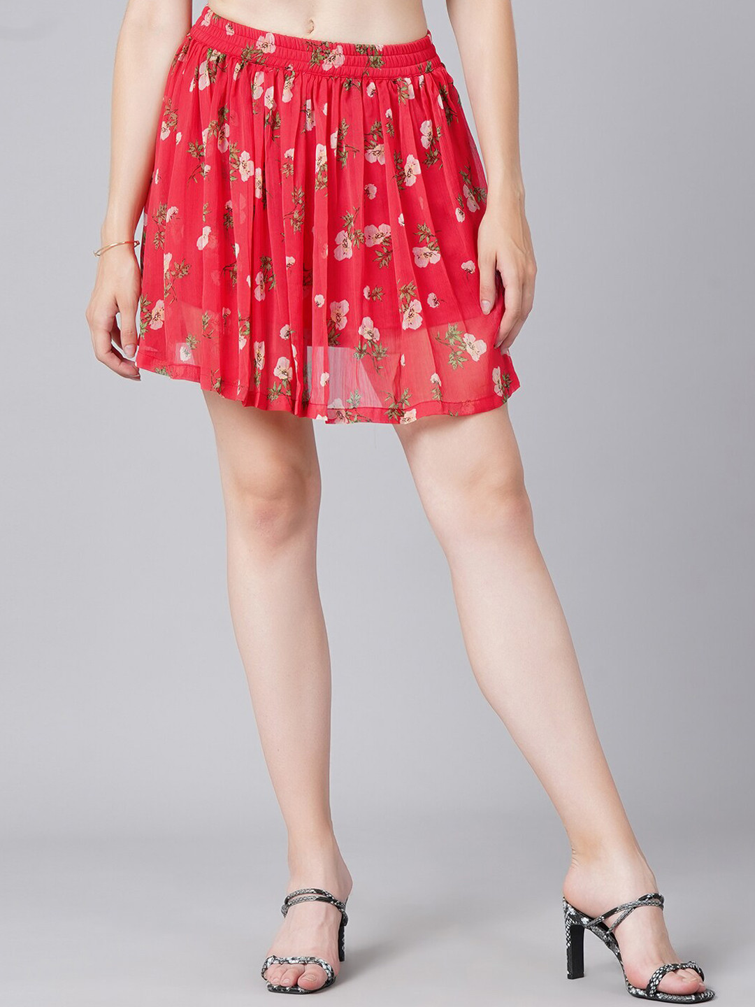 Cation Women Red Printed Floral Pleated Mini Flared Skirts