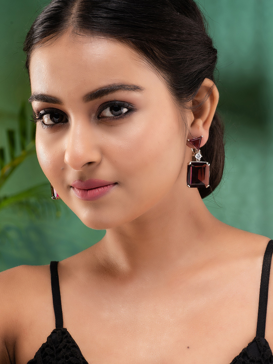 Saraf RS Jewellery Silver-Plated Maroon Faux Glass Studded Geometric Drop Earrings