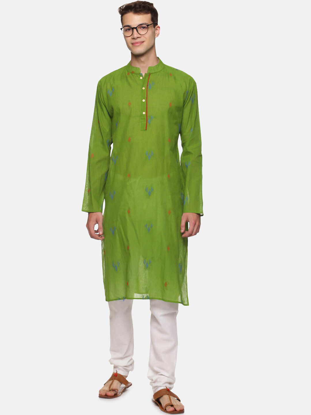 PAROKSH Men Green Geometric Indie Prints Handloom Cotton Kurta