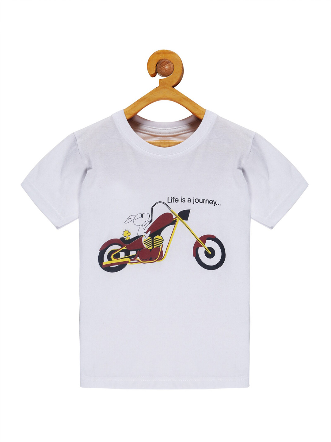 OBOW Boys White Biker Printed Bio Finish Cotton T-shirt