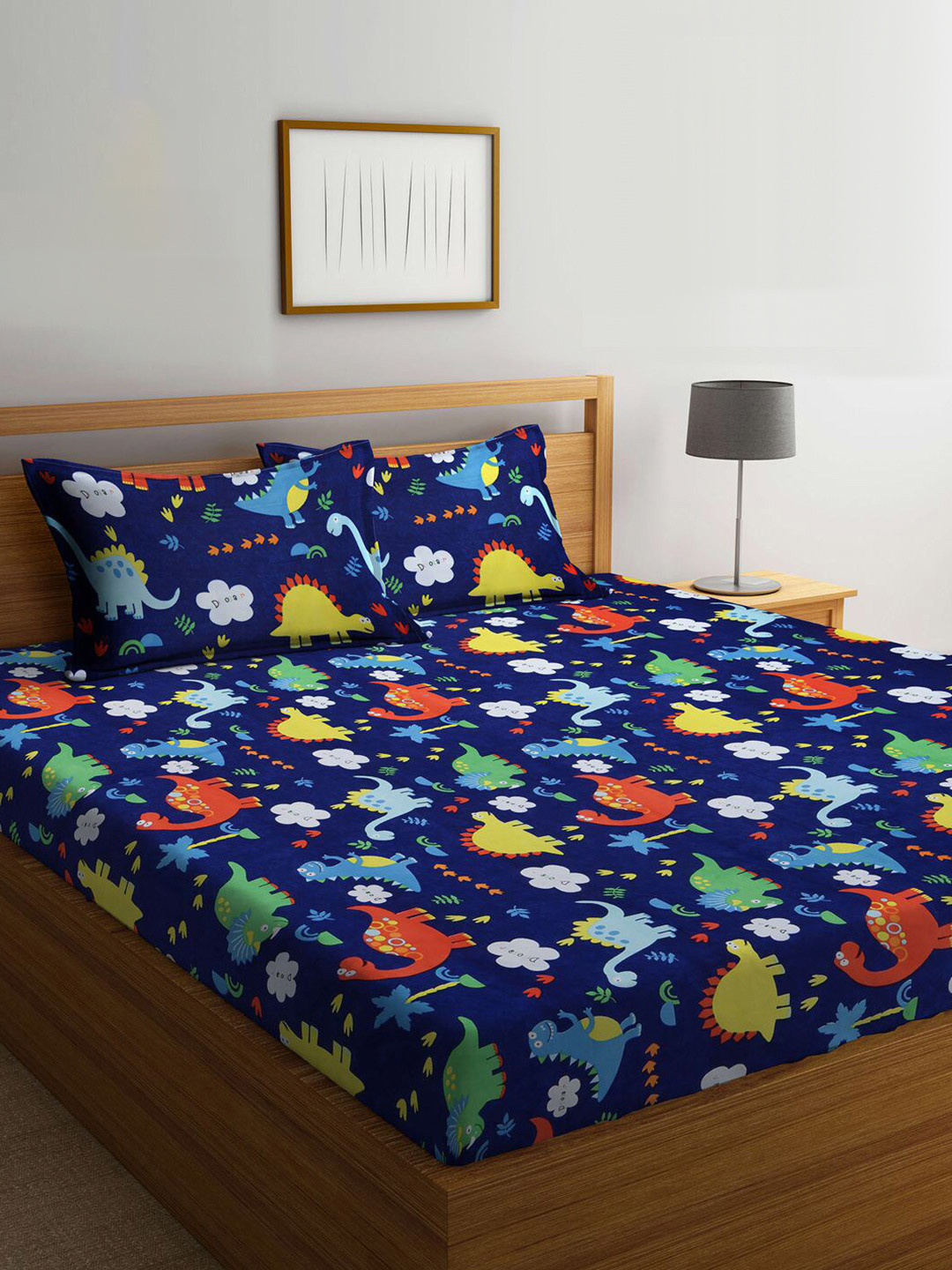 KLOTTHE Blue Cartoon Characters Polycotton 300 TC Fitted King Fine Bedsheet with 2 Pillow Covers-98 x 89 inches