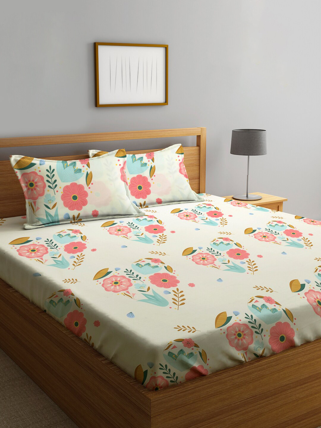 KLOTTHE Cream Floral Polycotton 300 TC Fitted King Fine Bedsheet with 2 Pillow Covers-98 x 87 inches
