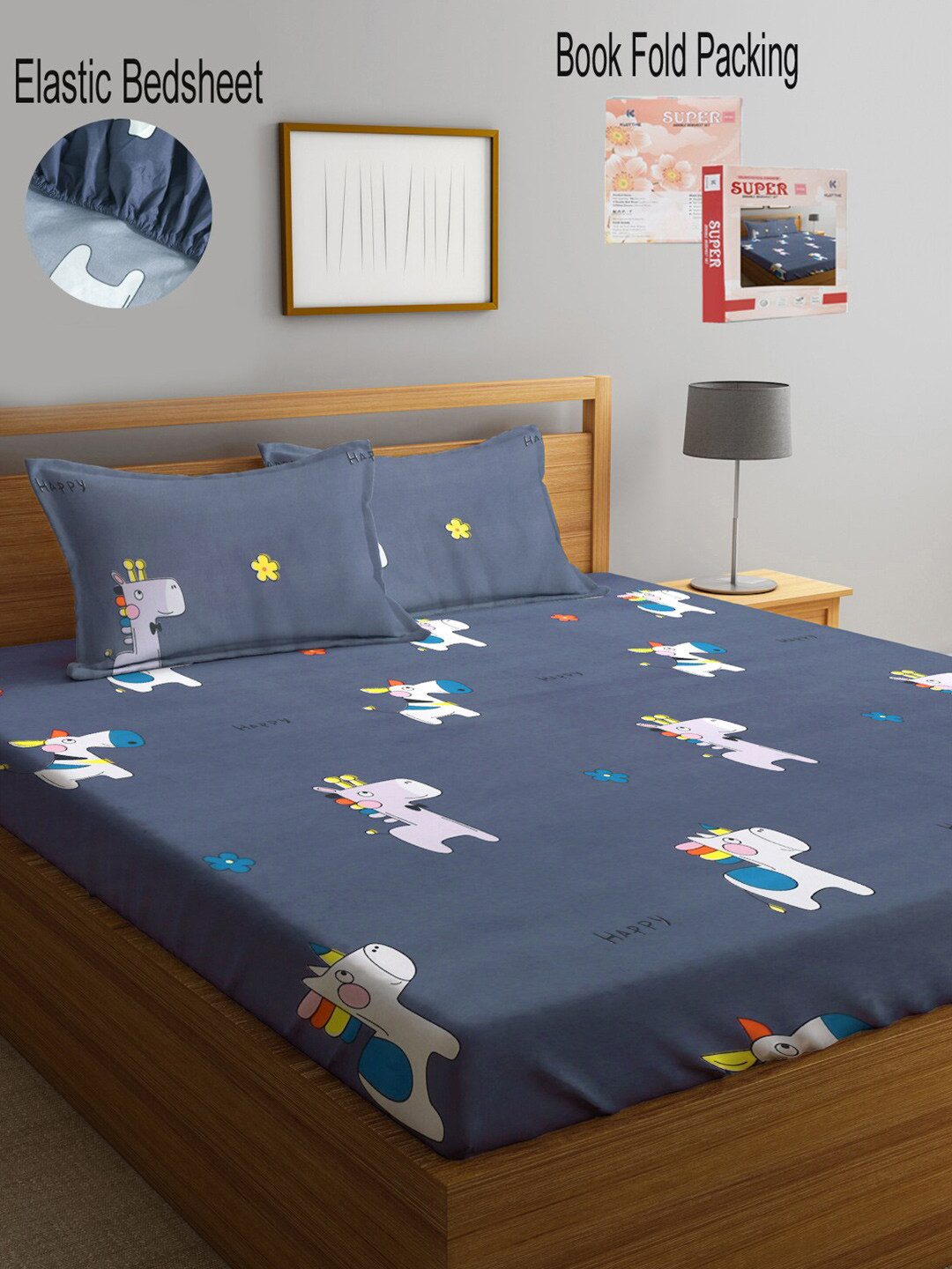 KLOTTHE Blue Cartoon Characters Polycotton 300 TC Fitted King Fine Bedsheet with 2 Pillow Covers-98 x 87 inches