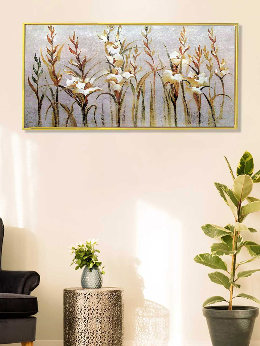 Art Street Grey & Gold Leaf with Flower Canvas Wall Art