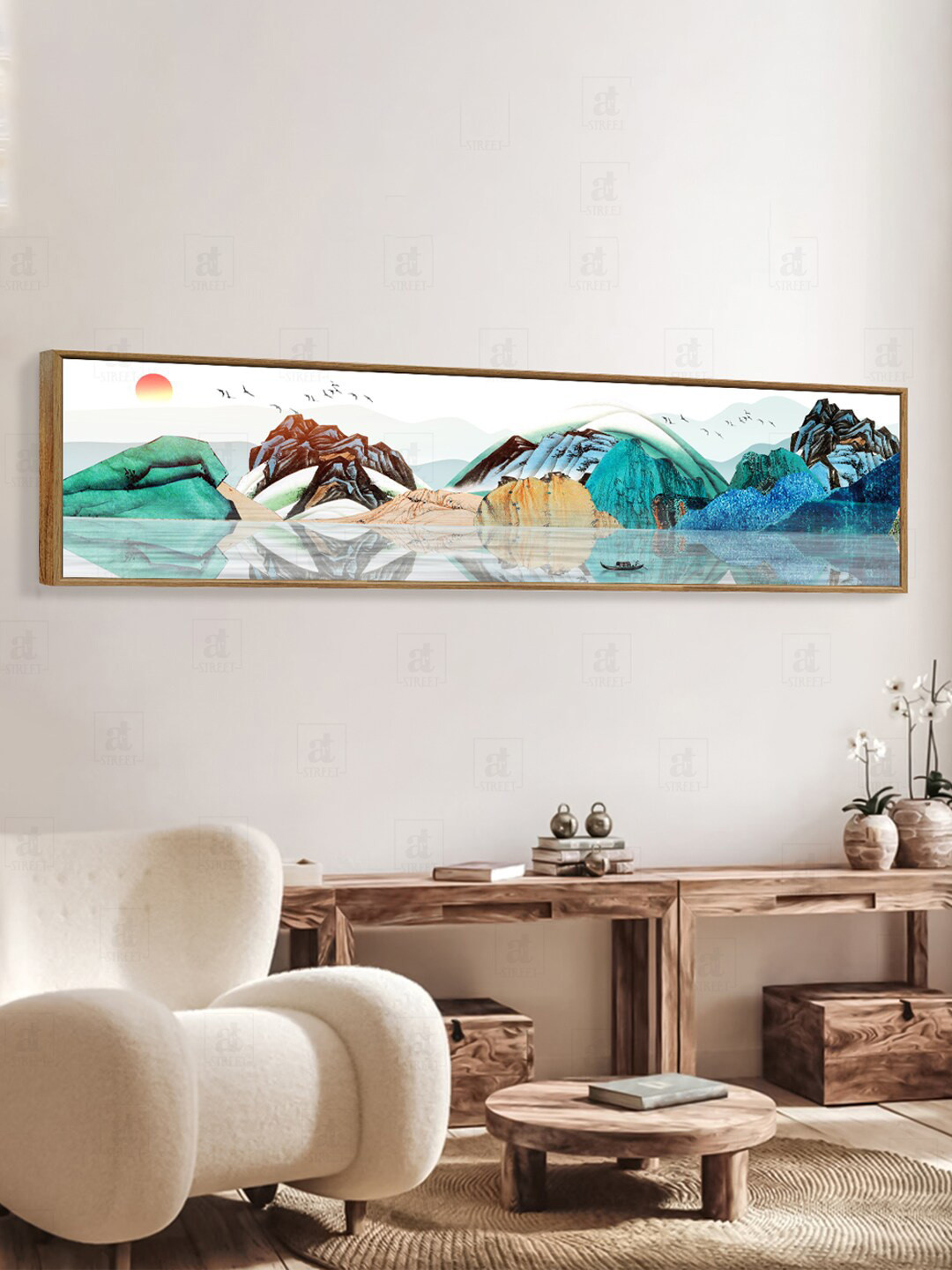 Art Street White & Blue Mountain and sun rise Canvas Framed Wall Art