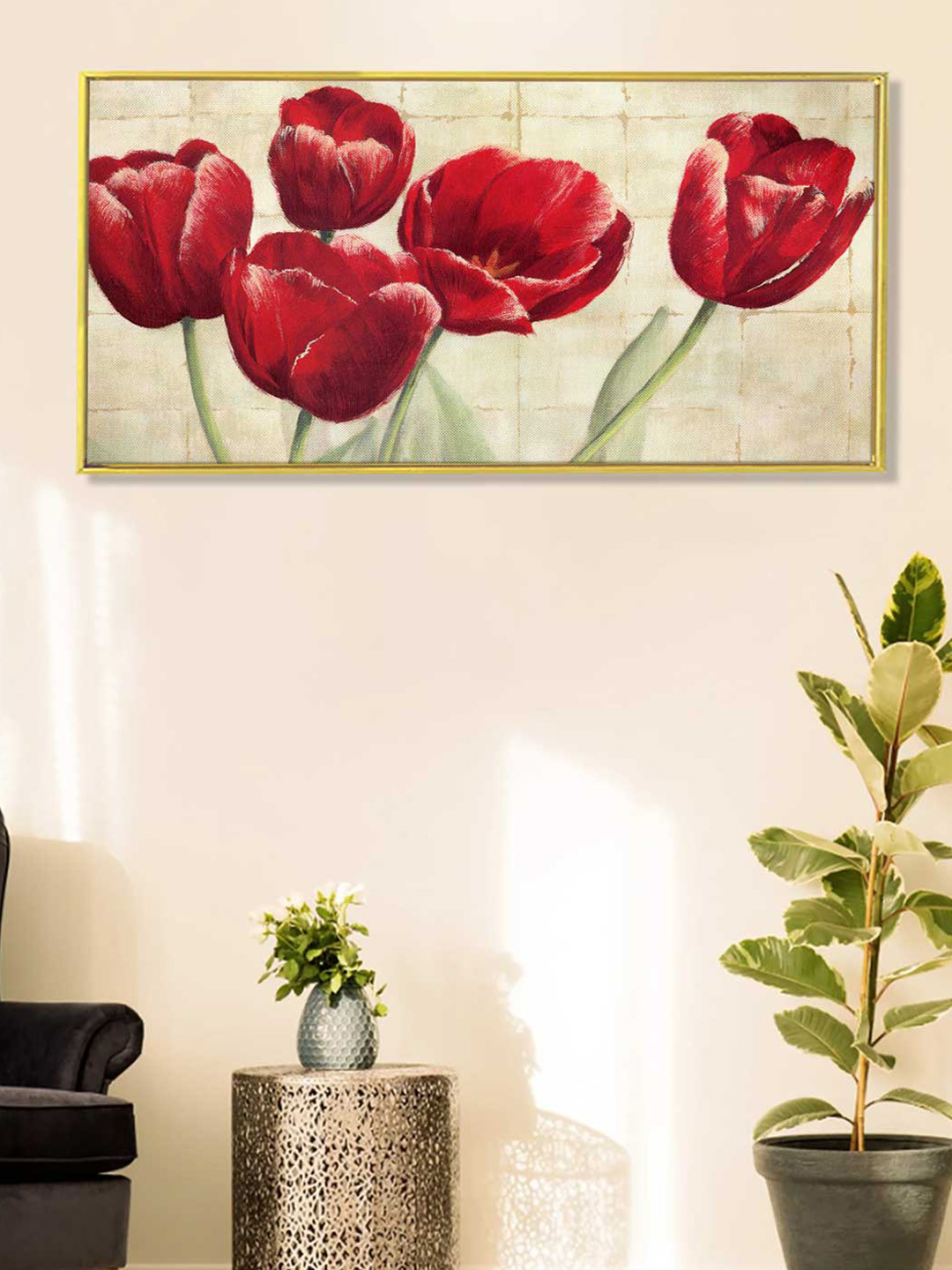 Art Street White & Red Tulips blooming Canvas Painting Wall Art