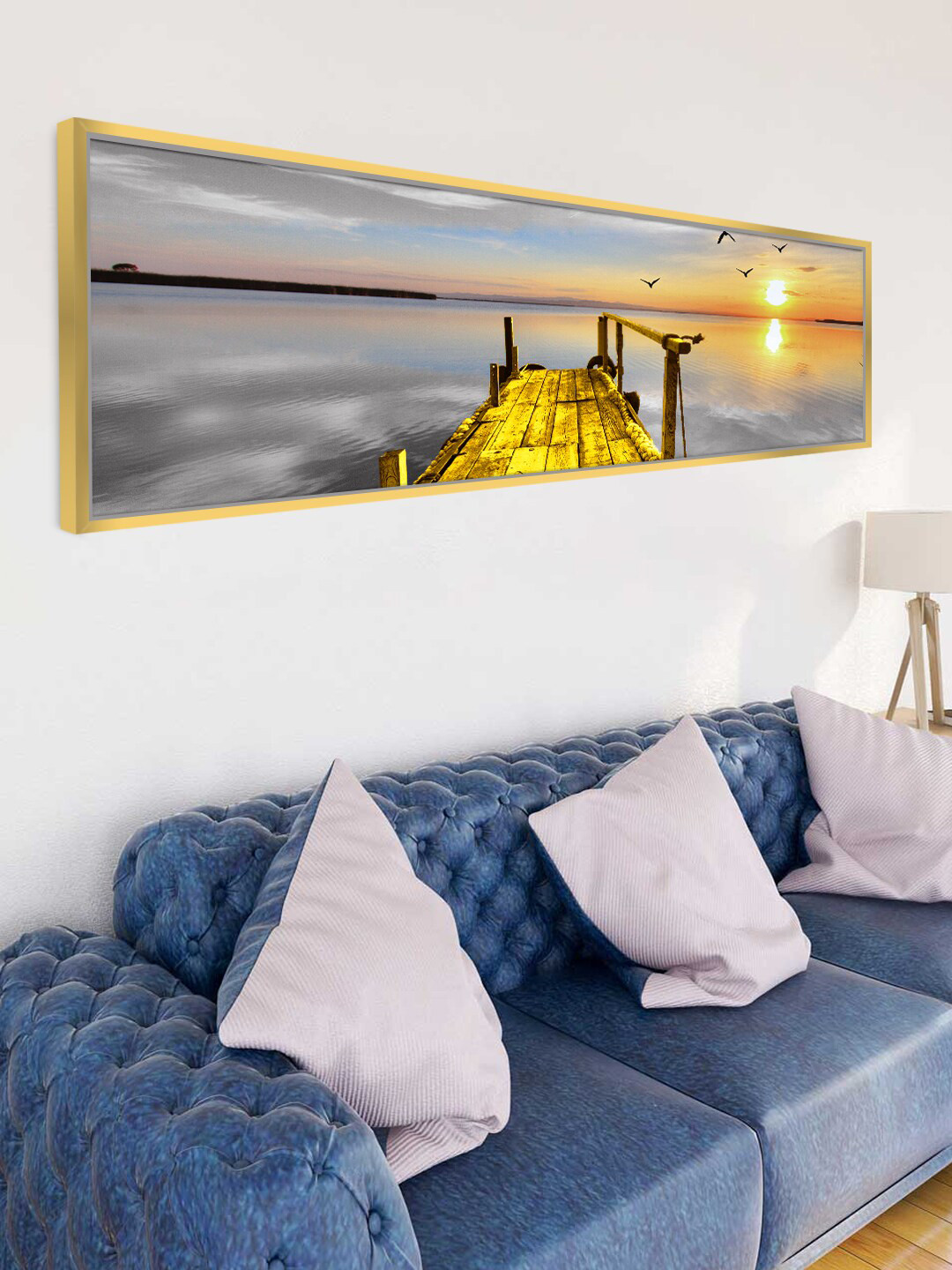 Art Street Yellow Landscape by the peir Sun rise on Water Print Luxury Canvas Wall Art