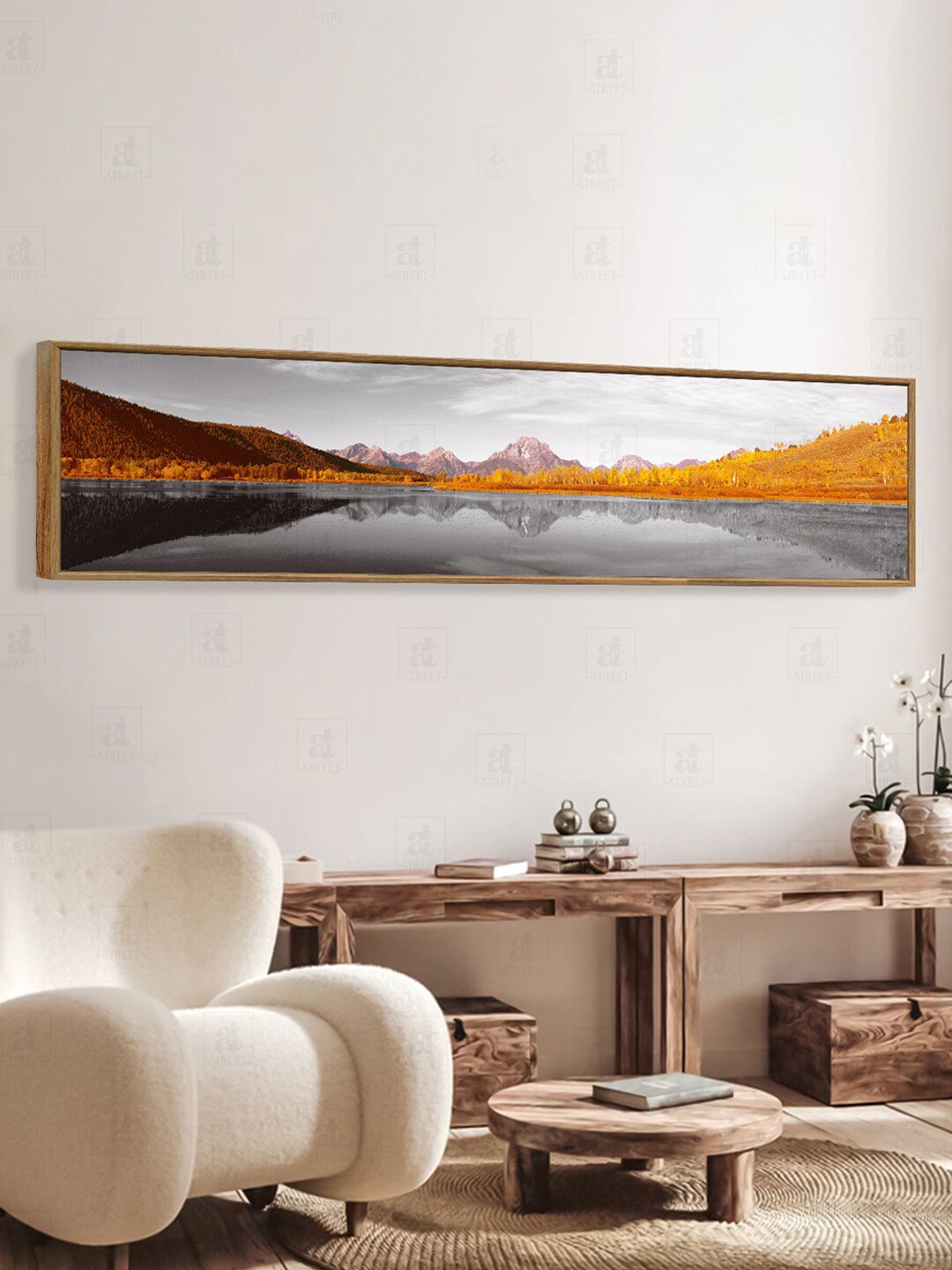 Art Street Golden Scenic Mountain Mirror View Canvas Painting Wall Art