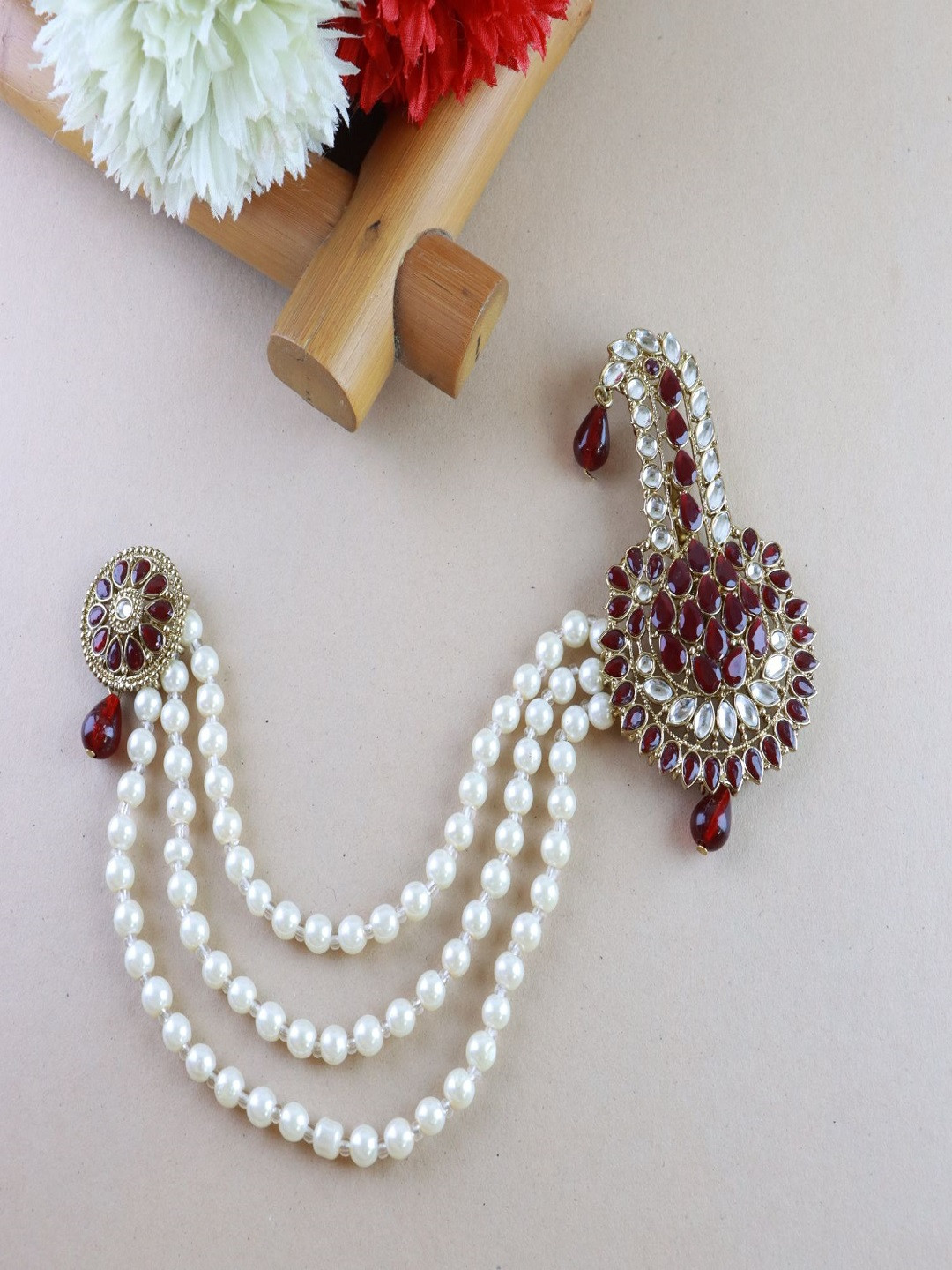 I Jewels Men Maroon & White Gold-Plated Kundan Maharaja Pagdi Kalangi