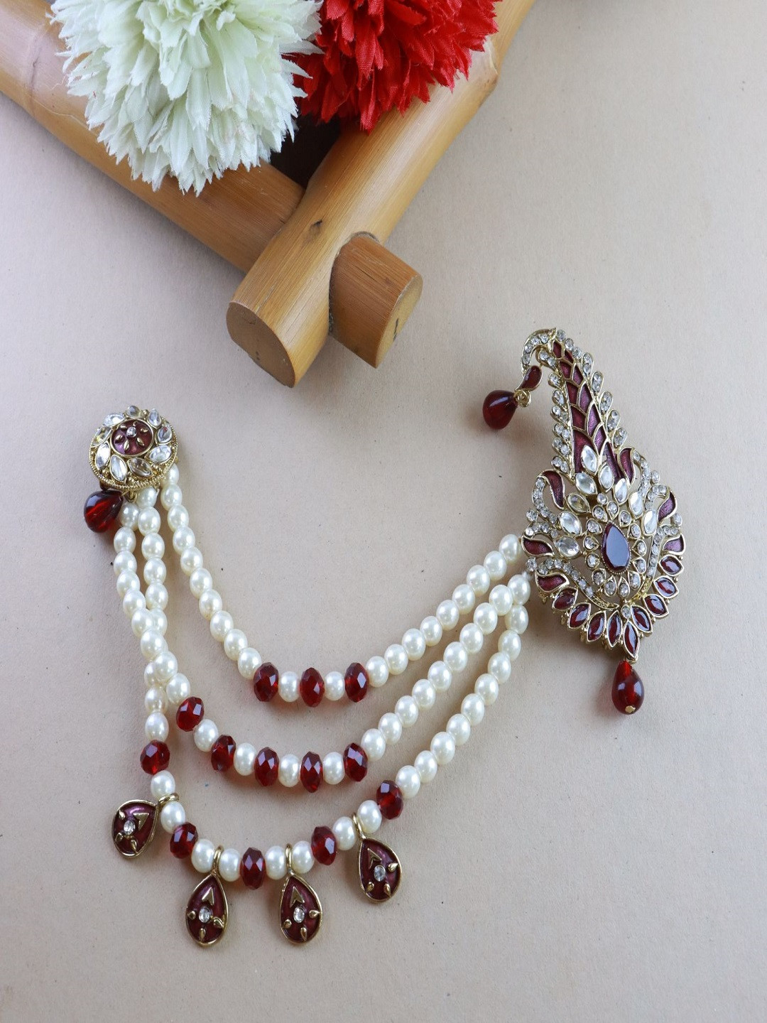 I Jewels Men Maroon & White Gold-Plated Kundan Handcrafted Maharaja Pagdi Kalangi