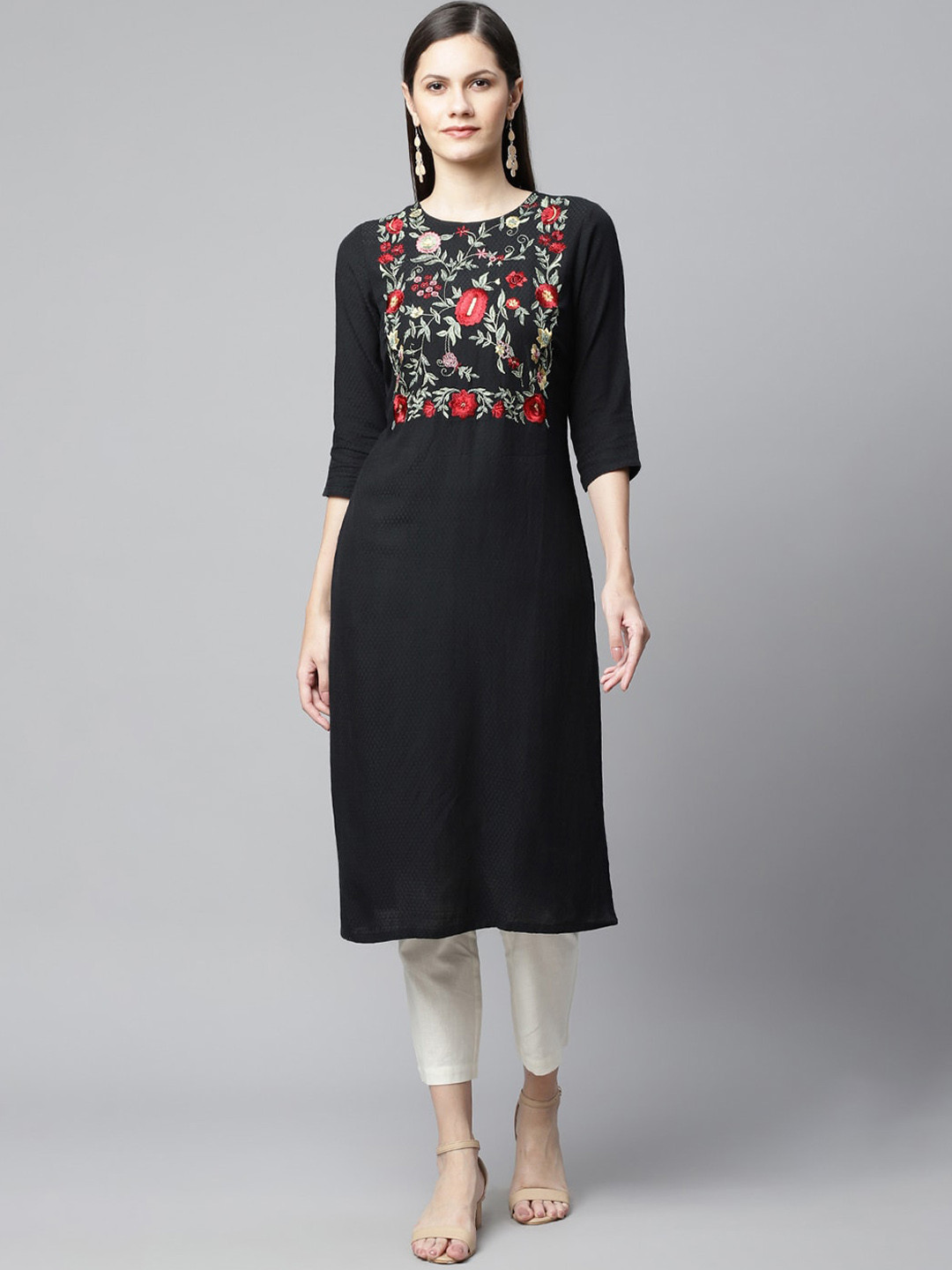 BARARA ETHNIC Women Black Floral Embroidered Pure Cotton Kurta
