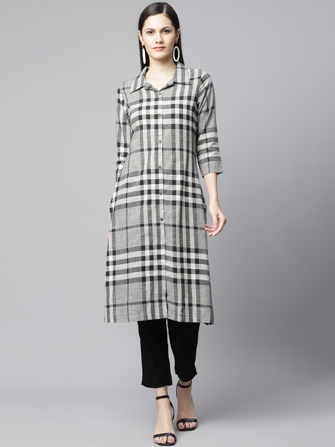 BARARA ETHNIC Women Grey Striped Pleated Pure Cotton Kurta