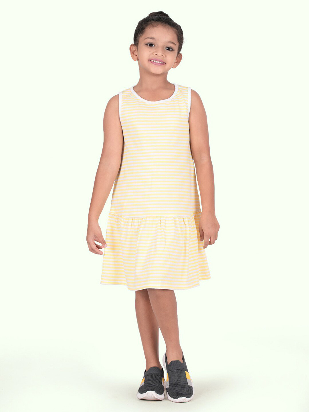 Zalio Kids Girls Yellow Striped Drop-Waist Cotton Dress