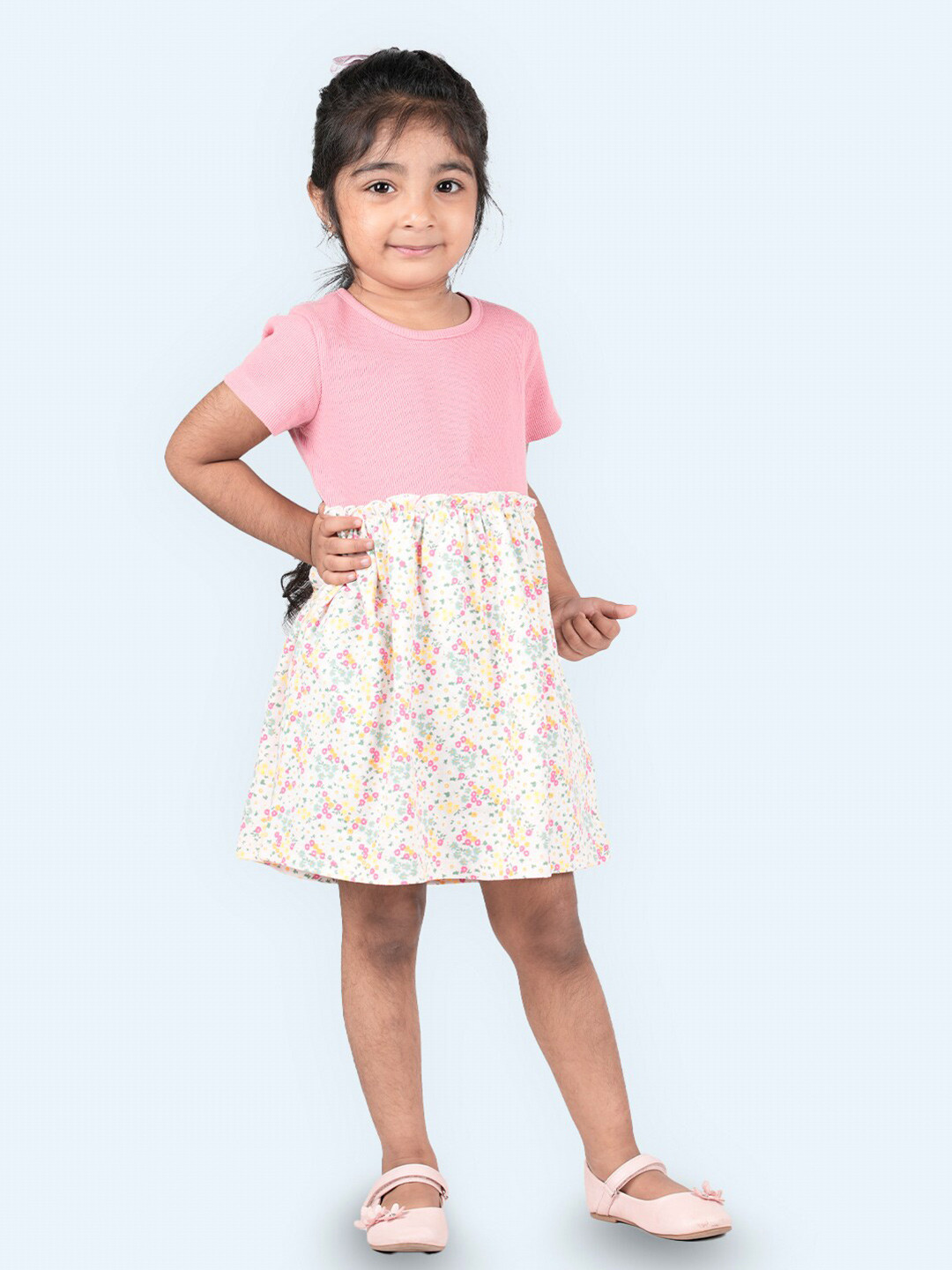 Zalio Girls Pink & Beige Cotton Floral A-Line Dress