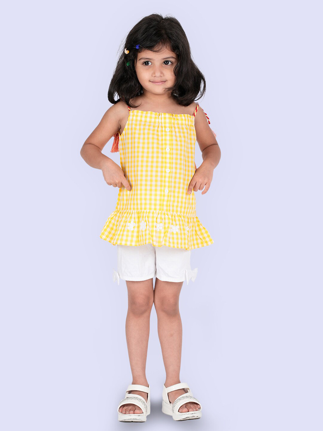 ZalioGirls Yellow & White Cotton Applique Drop Waist Dress