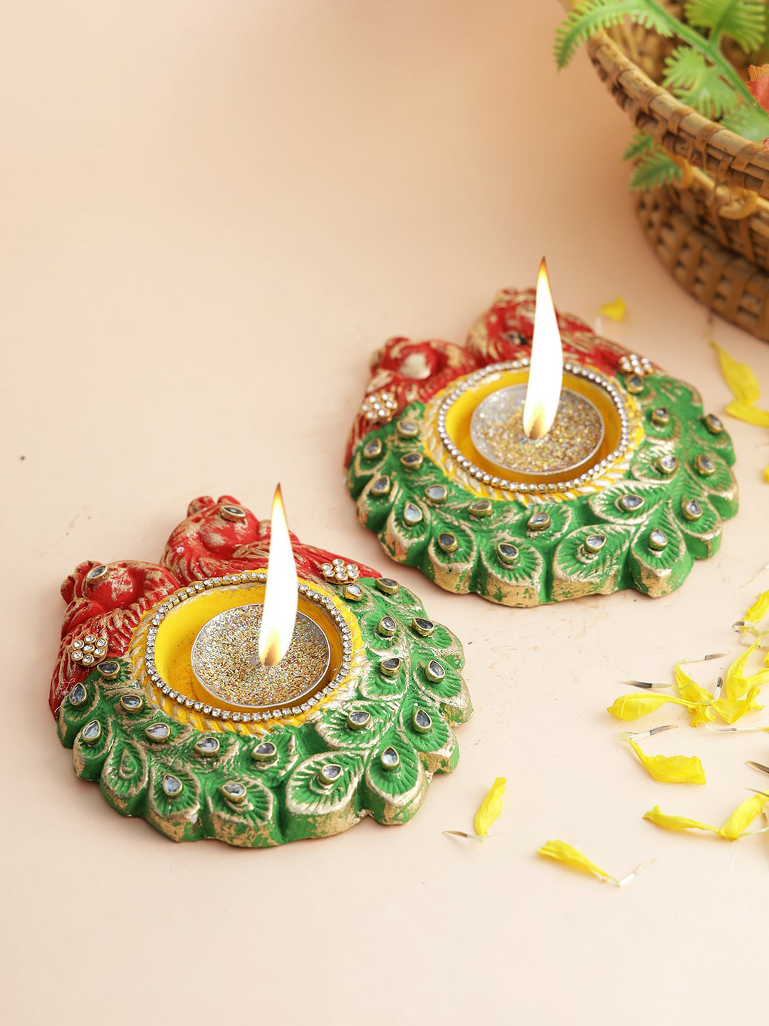 Aapno Rajasthan Set Of 2 Red & Green Handpainted Diya With Tealights