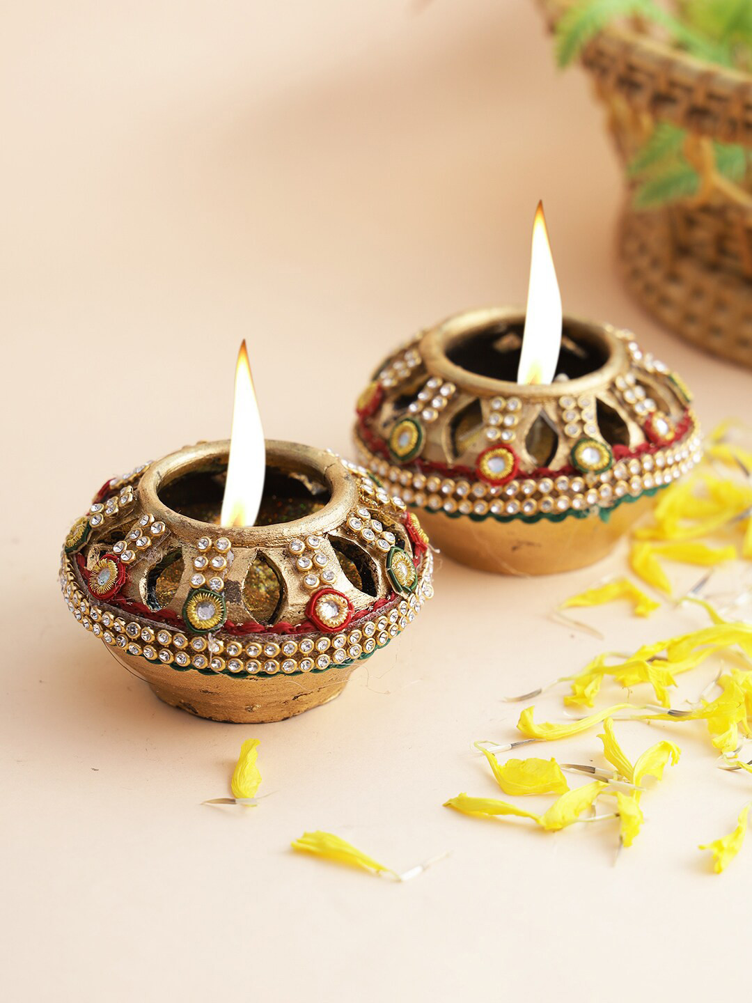 Aapno Rajasthan Set Of 2 Brown Stone Studded Gel Filled Diyas