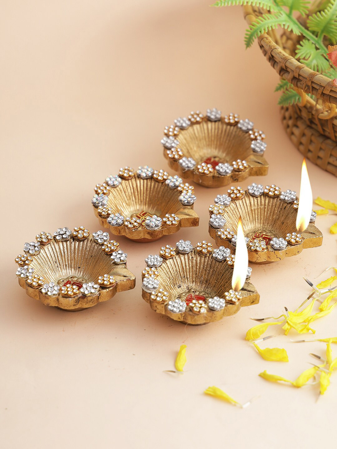 Aapno Rajasthan Set Of 5 Gold-Toned Handmade Terracotta Diyas
