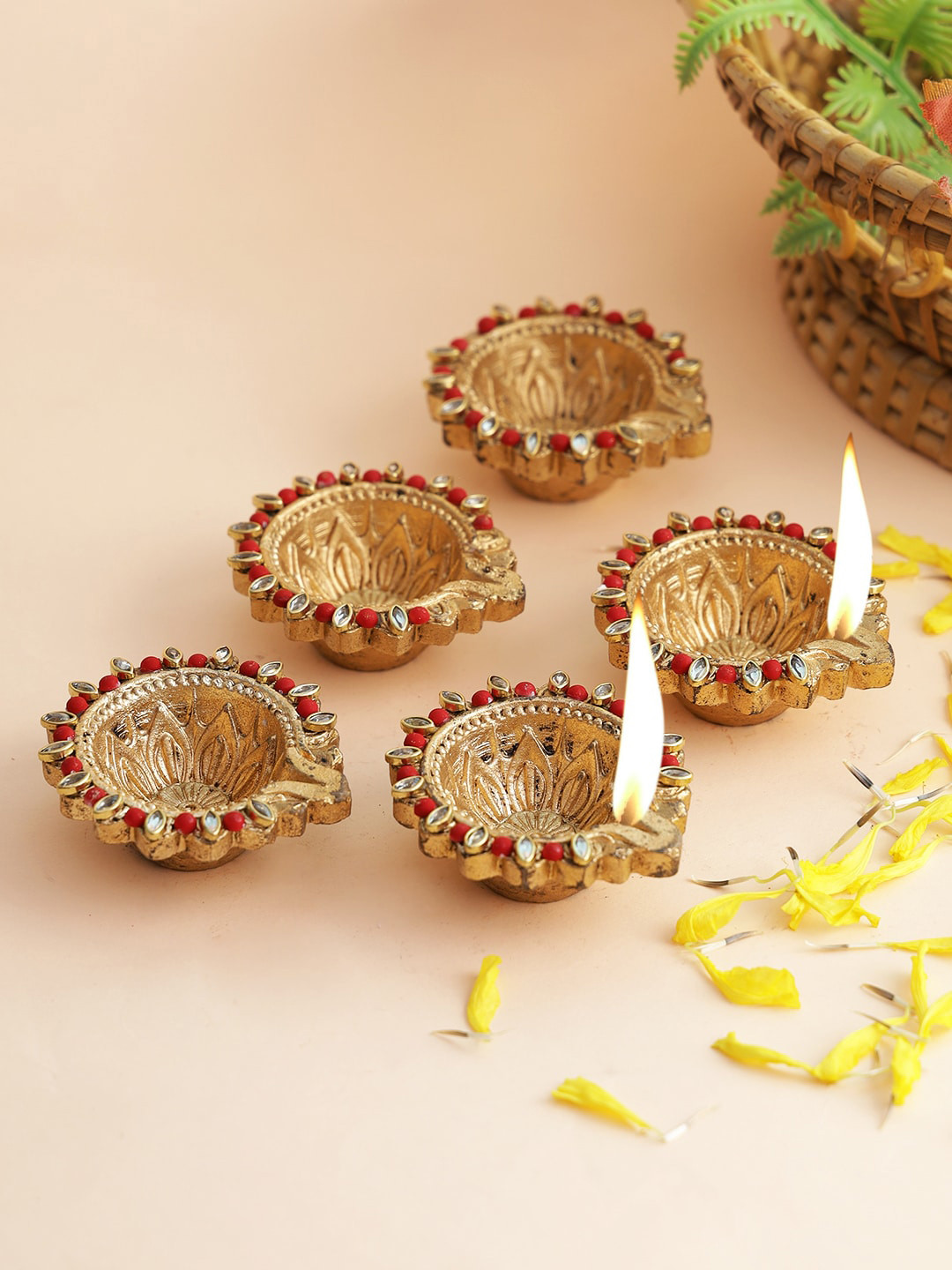 Aapno Rajasthan Set Of 5 Gold-Coloured & Red Kundan-Studded Handmade Diyas