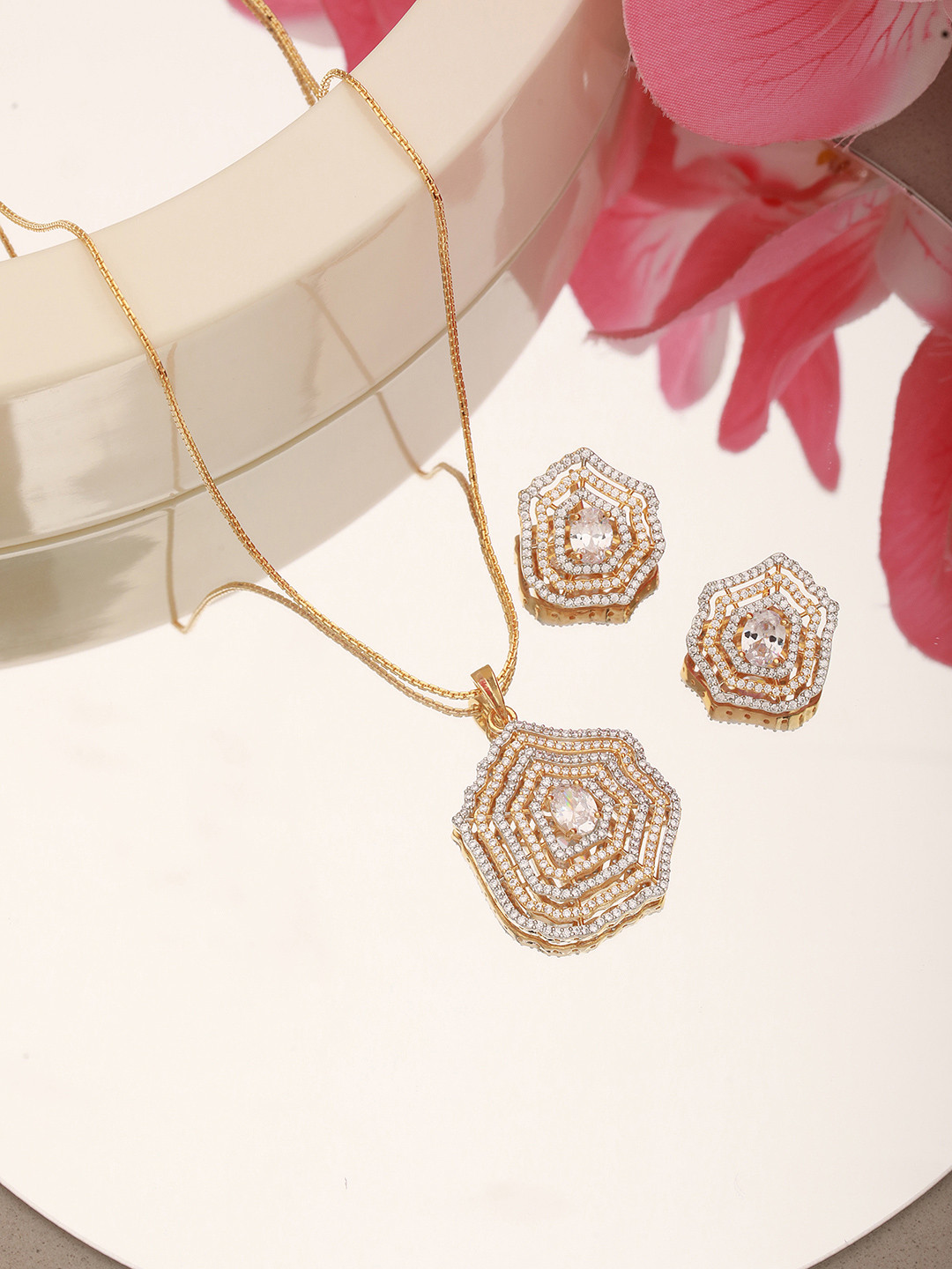 Saraf RS Jewellery Gold Plated AD Studded Statement Pendant jewellery set