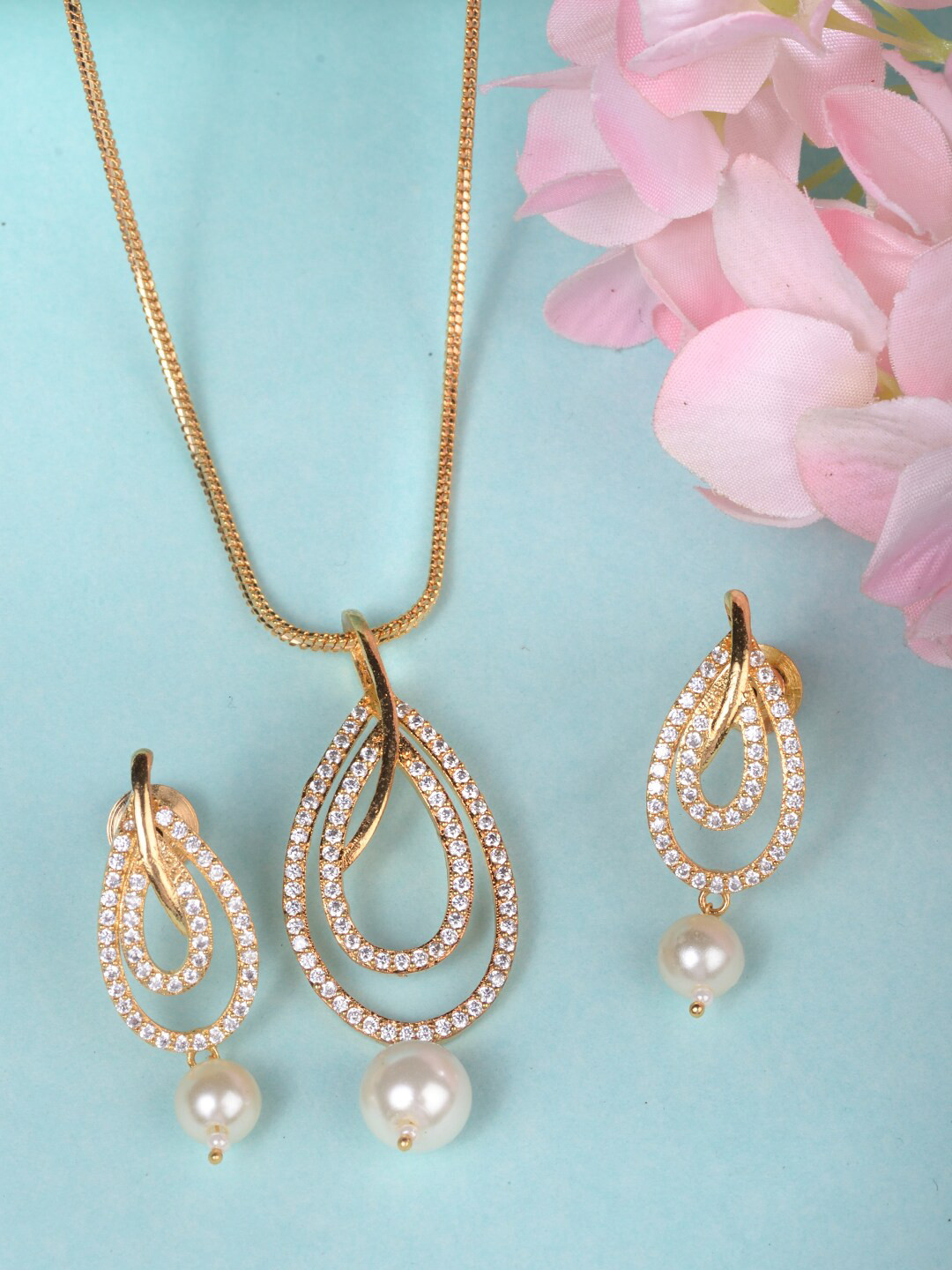 Saraf RS Jewellery Gold Toned Pearl Studded Minimal Locket Jewellery Set