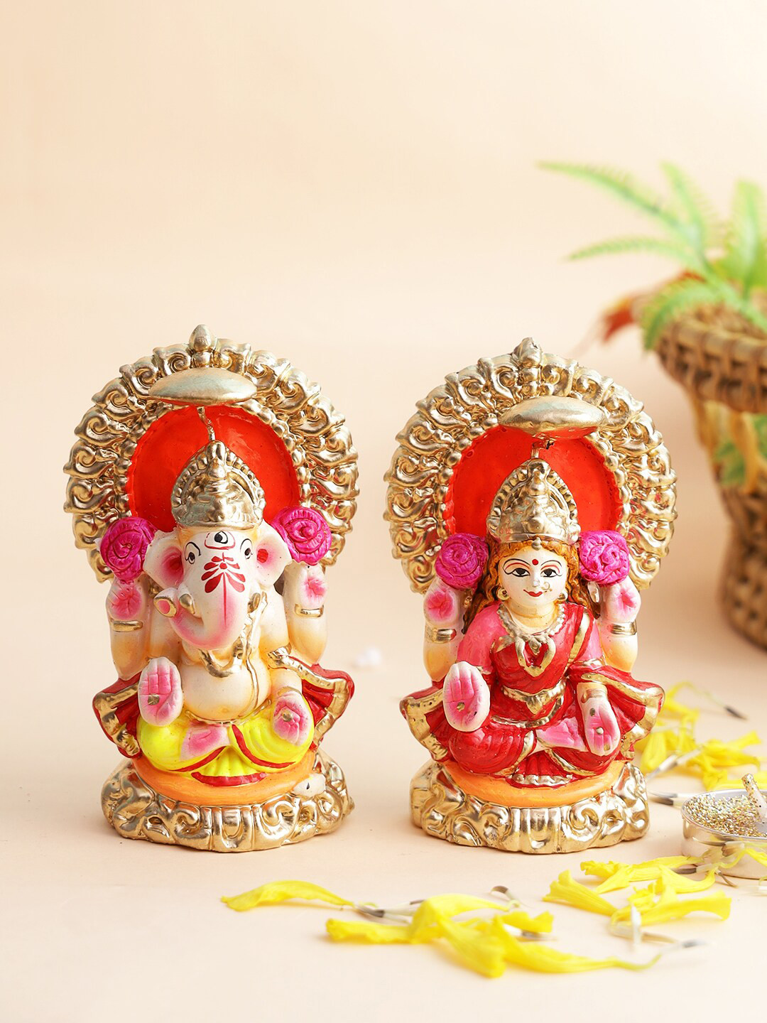 Aapno Rajasthan Laxmi Ganesh Red Terracotta Glossy Living Room Hand-Crafted Set of 2 Small Showpieces - 4.3 Inches