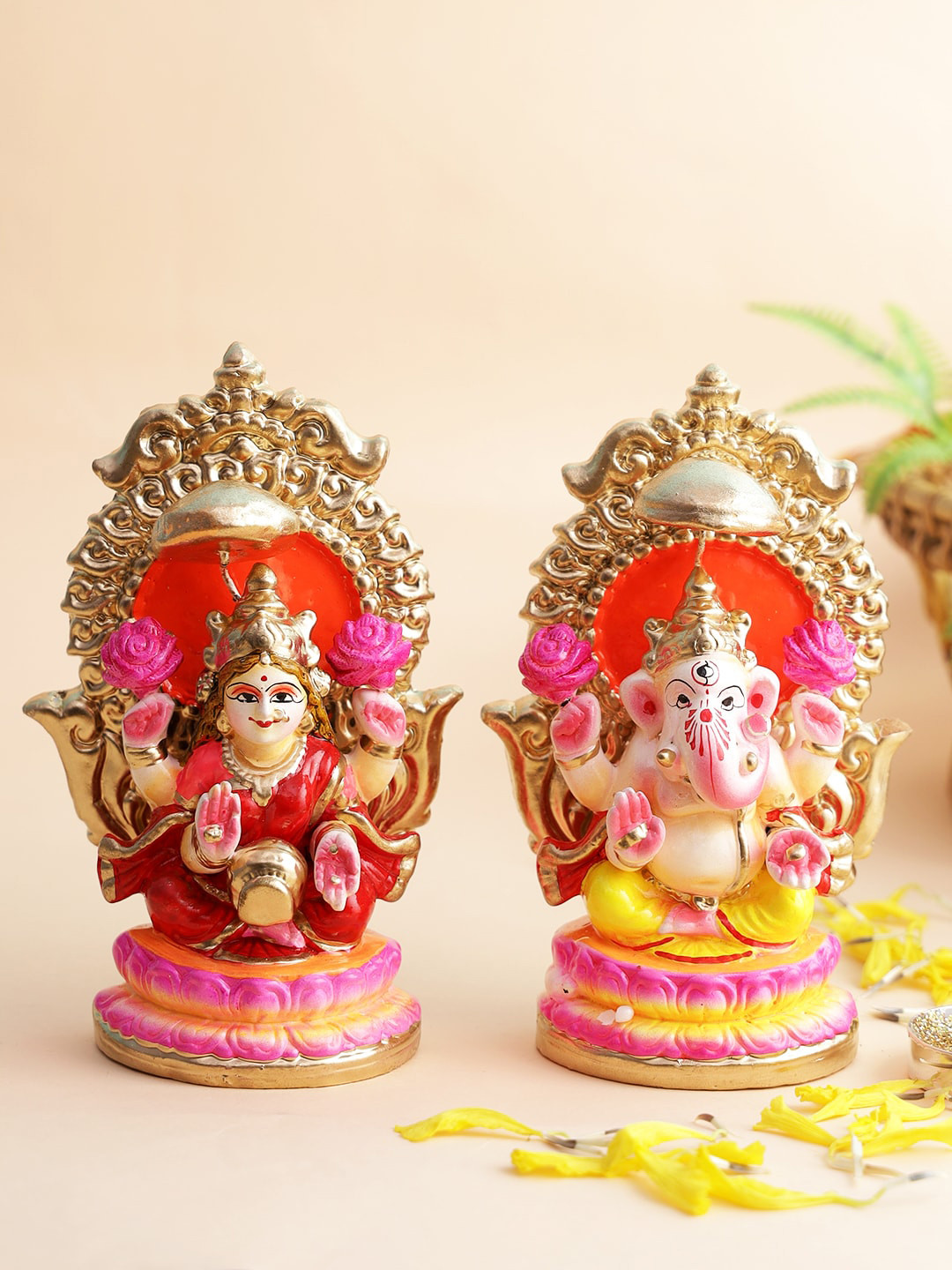 Aapno Rajasthan Laxmi Ganesh Set Sitting on Throne Gold Terracotta Natural Prayer Room Set of 2 Tiny Showpieces - 4.9 Inches