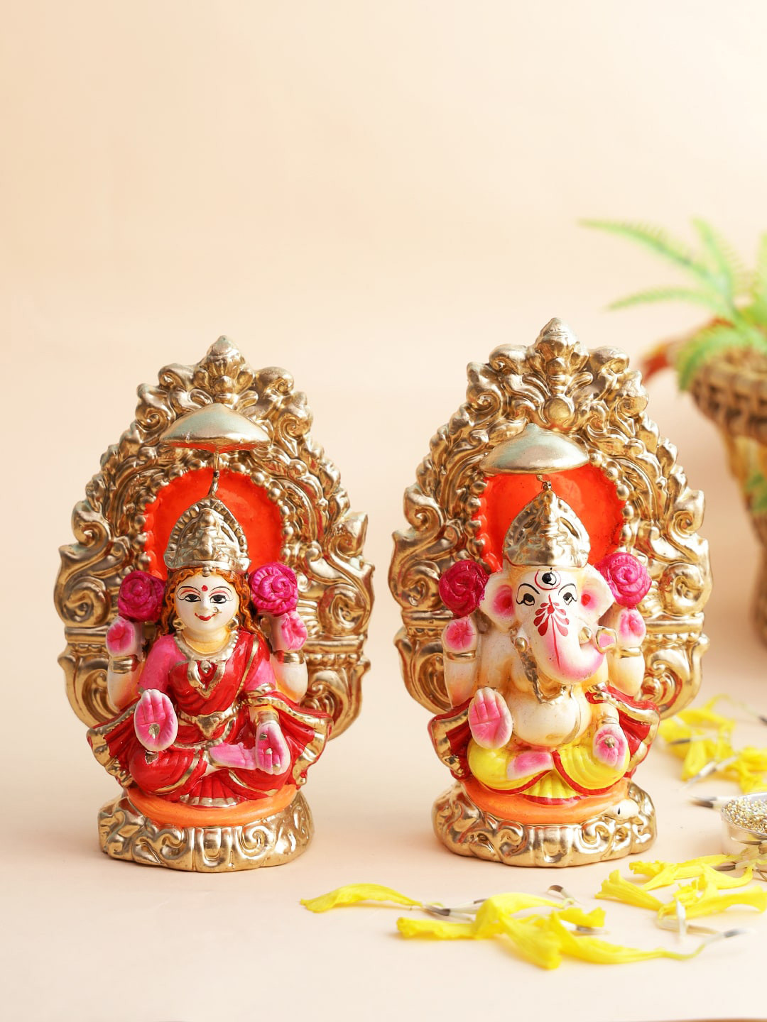 Aapno Rajasthan Laxmi Ganesh Gold Terracotta Glossy Prayer Room Hand-Crafted Set of 2 Tiny Showpieces - 4.1 Inches