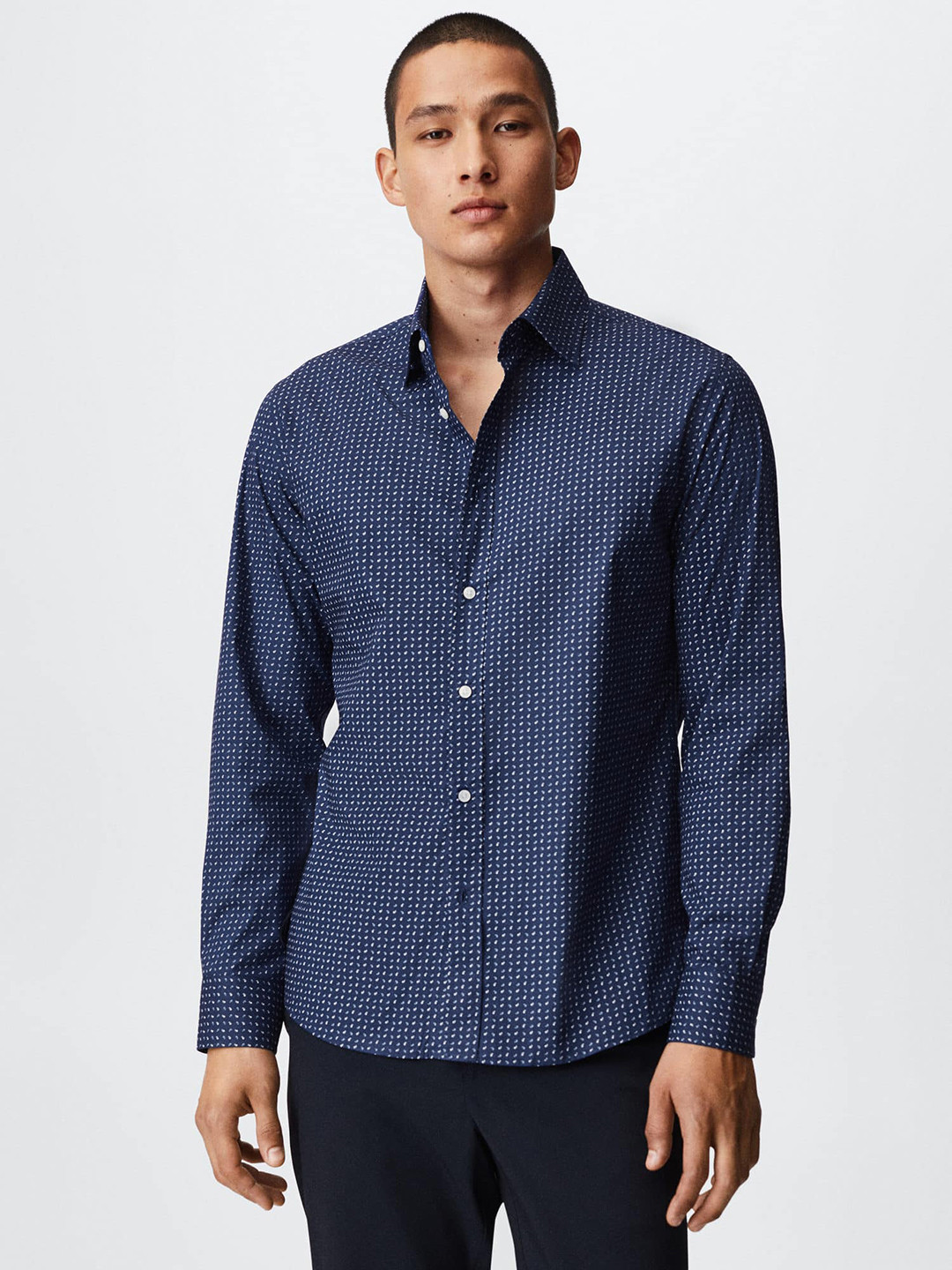 MANGO MAN Navy Blue Slim Fit Printed Pure Cotton Casual Shirt