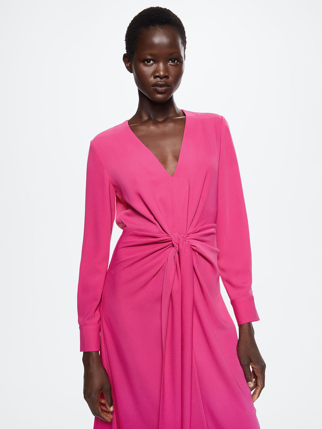 MANGO Pink Solid Bow Detail A-Line Midi Sustainable Dress