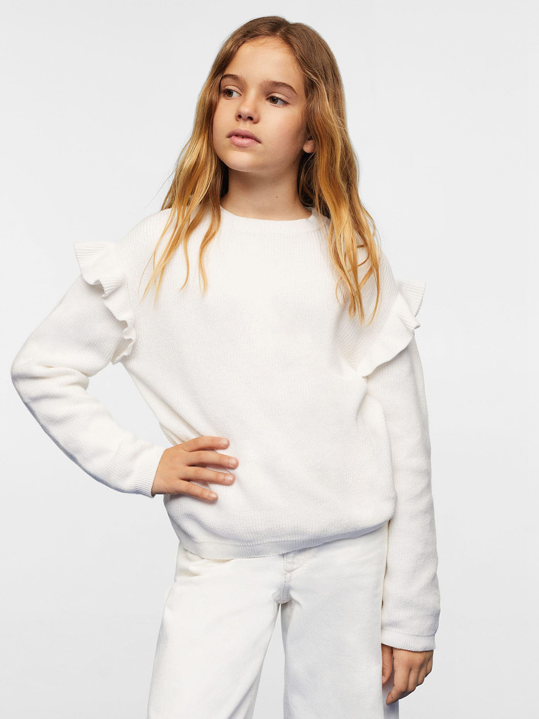 Mango Kids Girls White Solid Pure Cotton Pullover with Ruffles