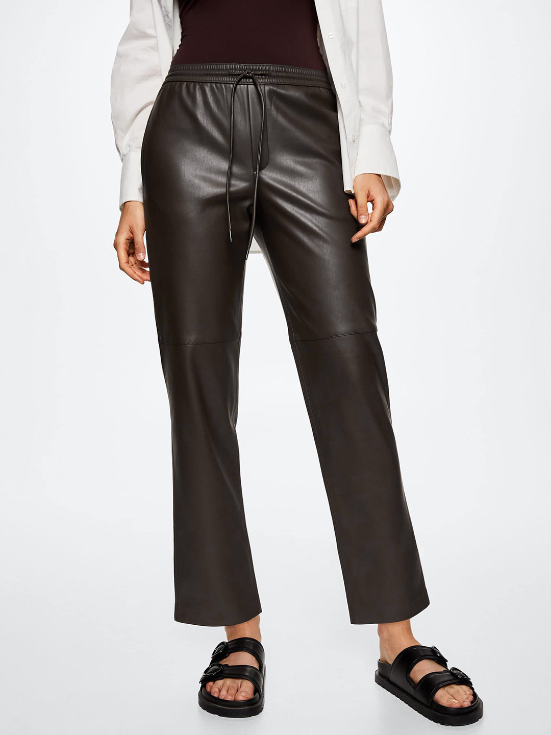 MANGO Women Coffee Brown Leather-effect Trousers