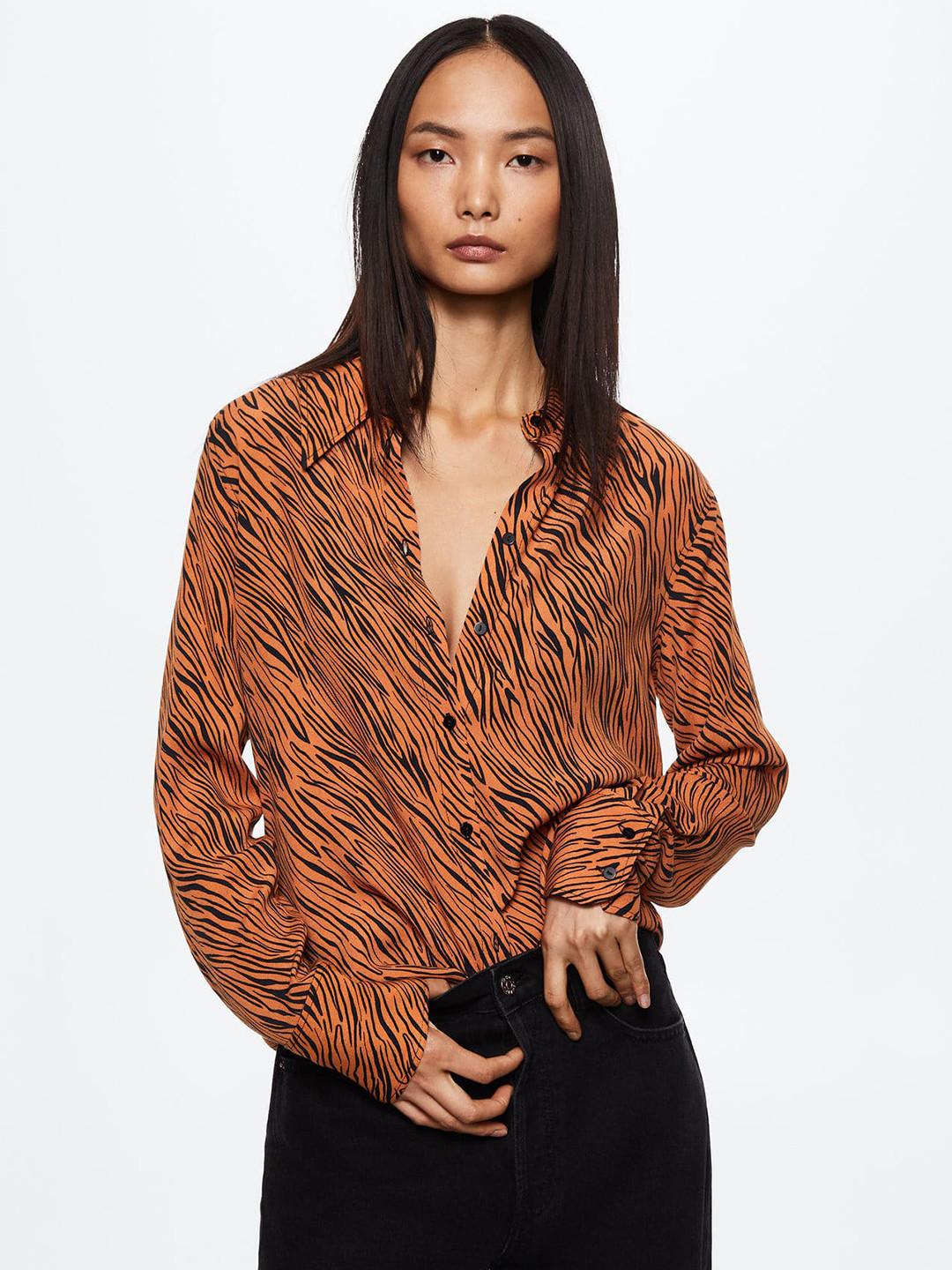 MANGO Women Brown & Black Animal Printed Casual Shirt