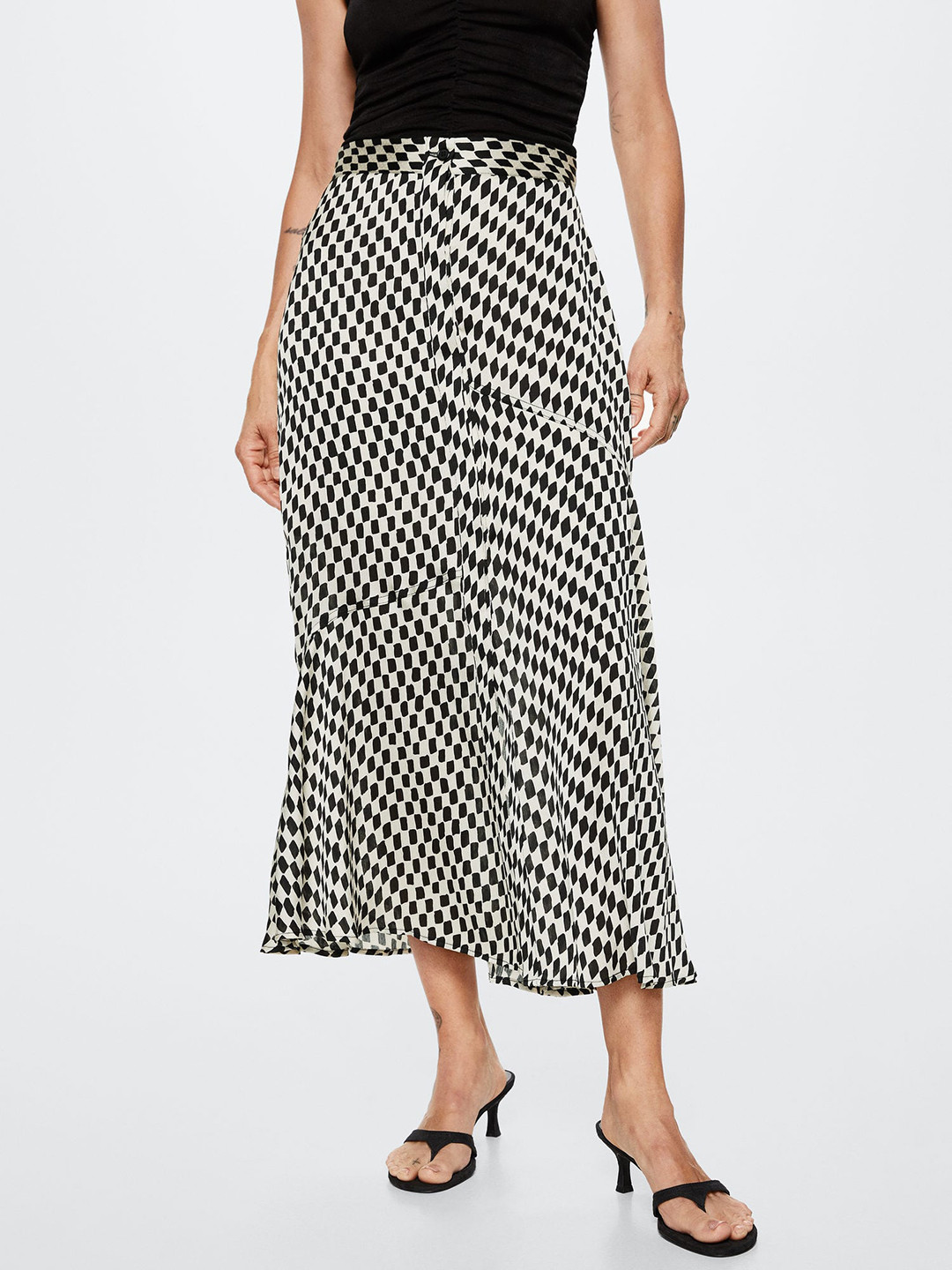 MANGO Black & White Checked A-Line Midi Sustainable Skirt
