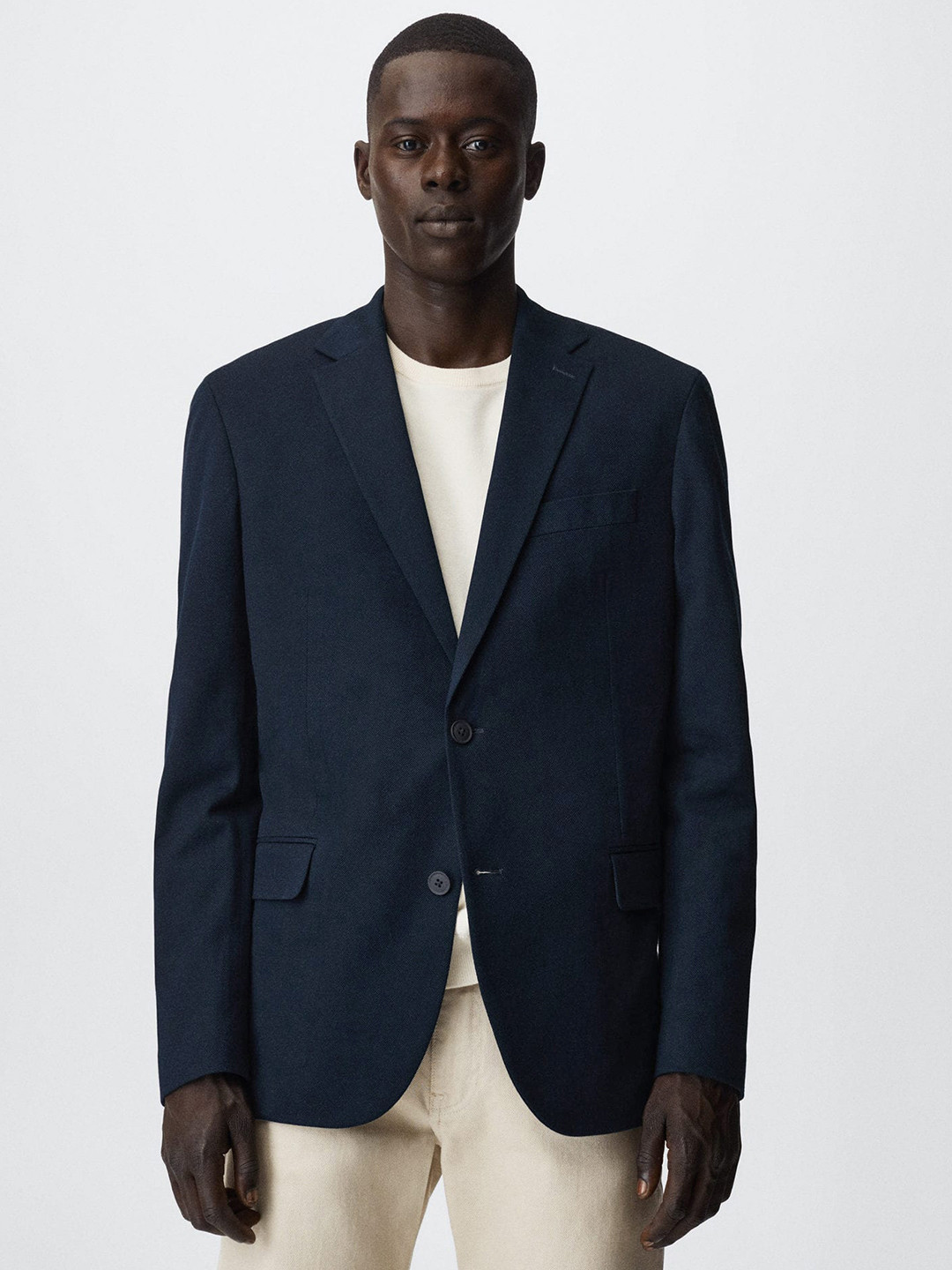 MANGO MAN Navy Blue Solid Notched Lapel Single-Breasted Sustainable Blazer