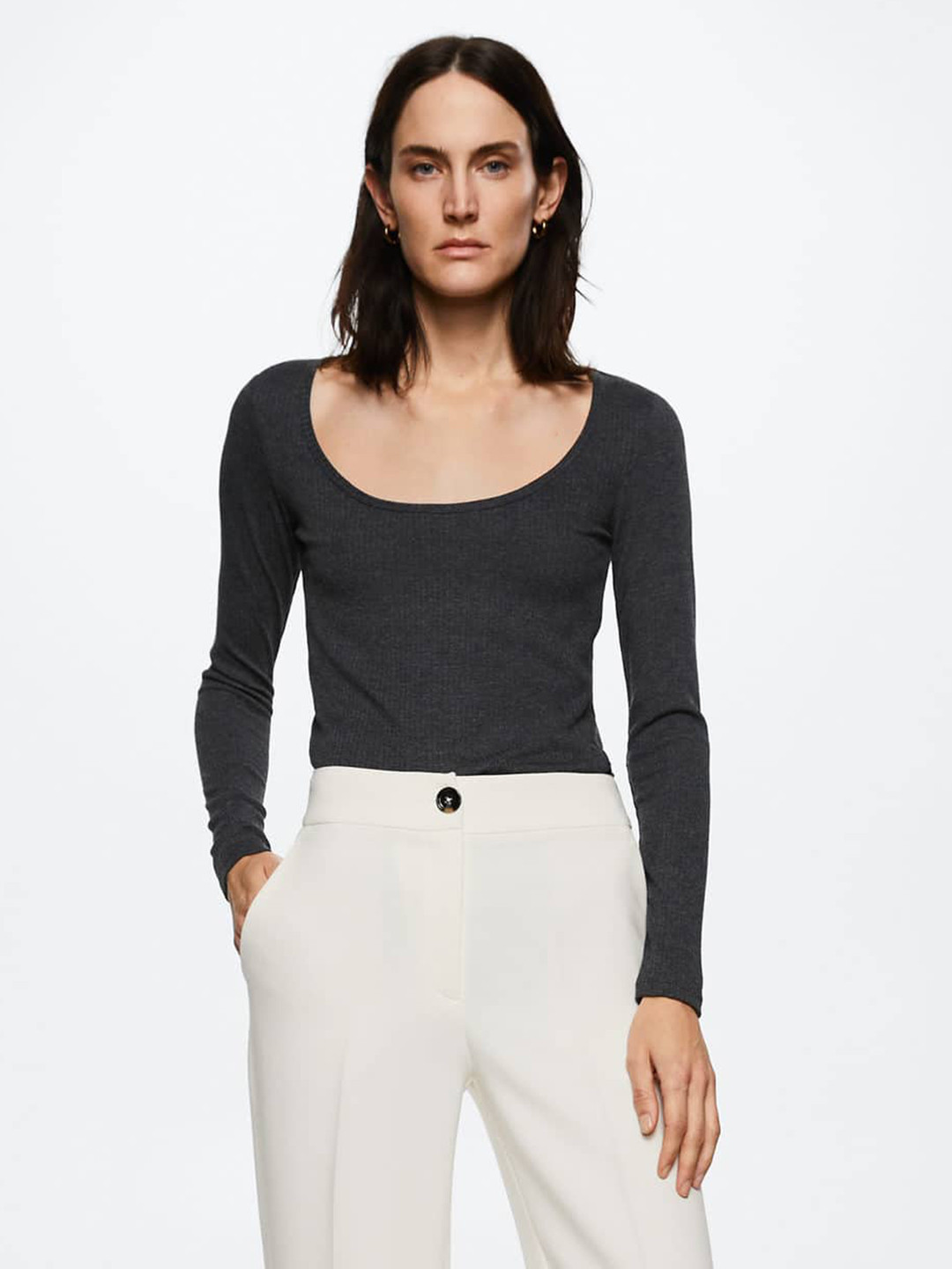 MANGO Women Charcoal Grey Ribbed Sustainable T-shirt