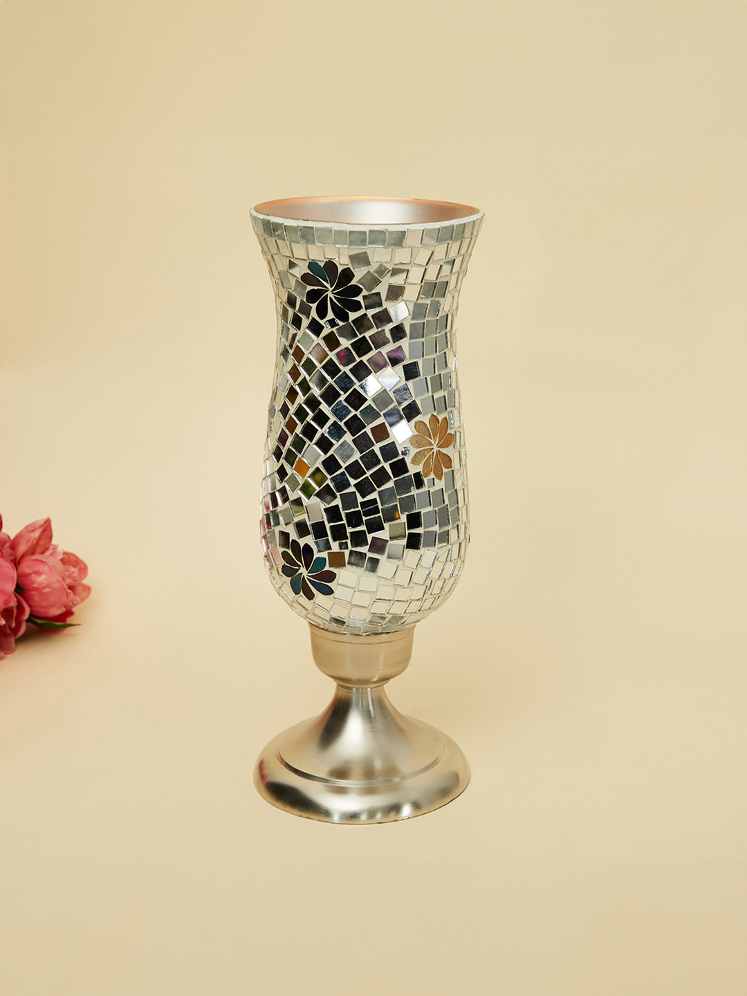 Home Centre Silver-Toned Mosaic Hurricane  Candle Holders