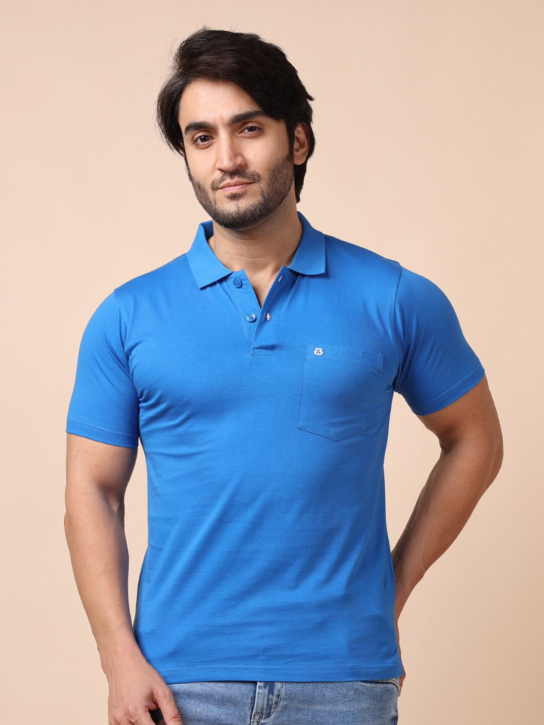 berry blues Men Blue Polo Collar Cotton T-shirt