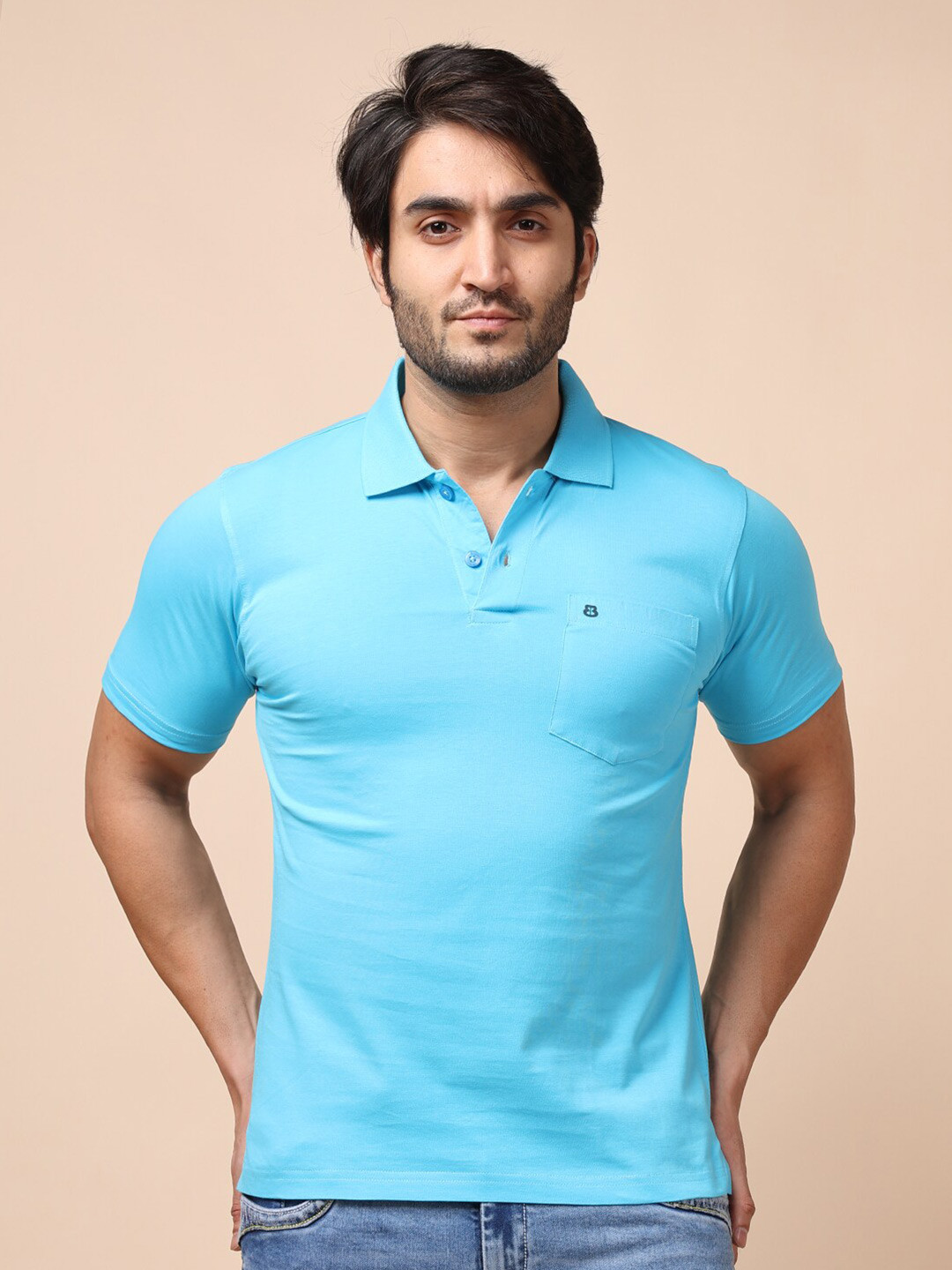 berry blues Men Turquoise Blue Polo Collar Cotton  T-shirt