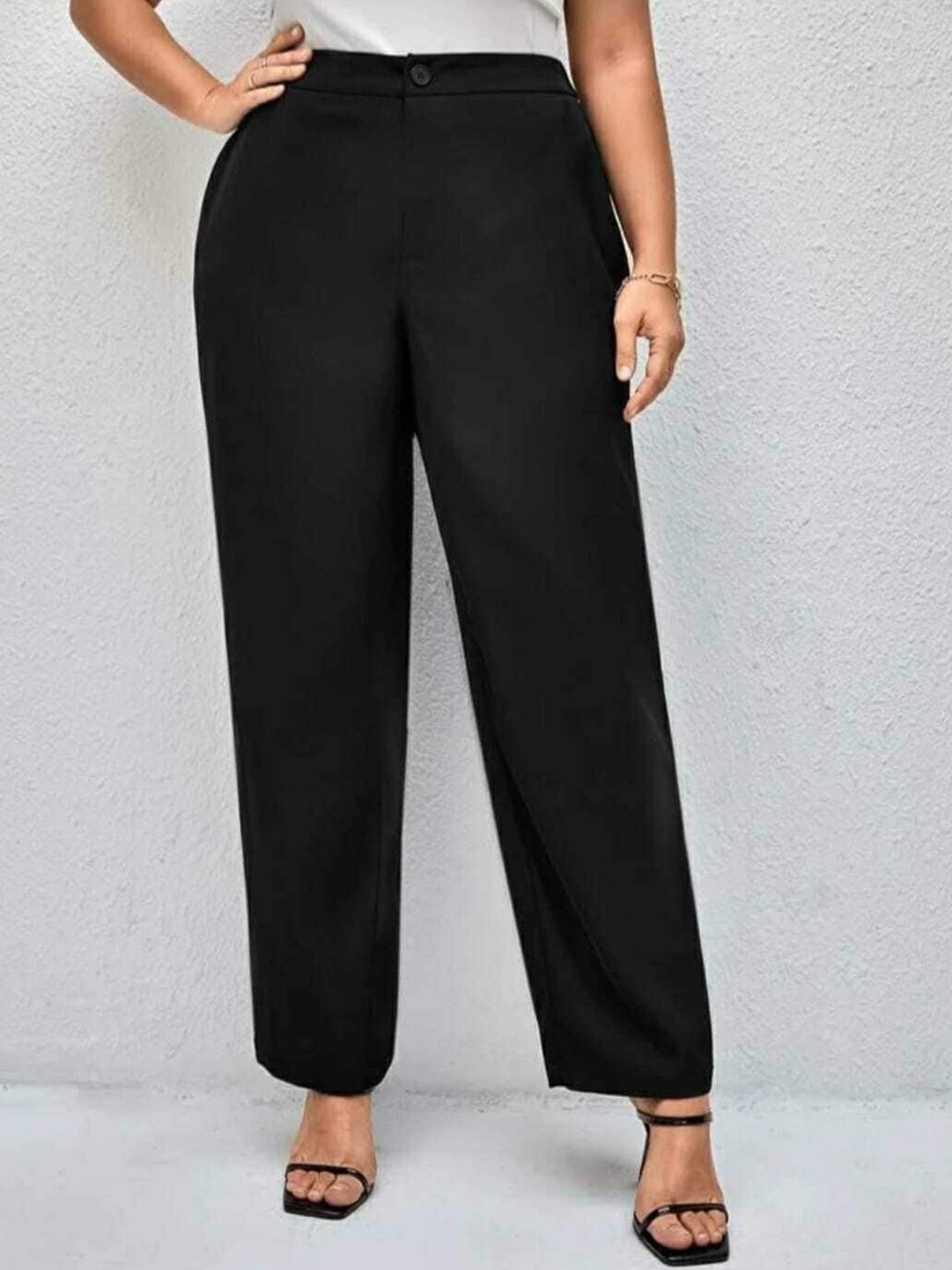 Next One Women Black Relaxed Straight Leg Loose Fit High-Rise Stretchable Trousers