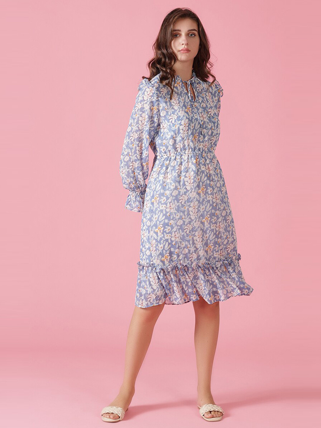 Gipsy Blue Floral Tie-Up Neck Georgette A-Line Dress