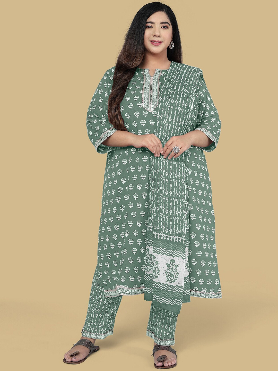MIRCHI FASHION Plus Size Women Printed Pure Cotton Kurta with Trousers & Dupatta