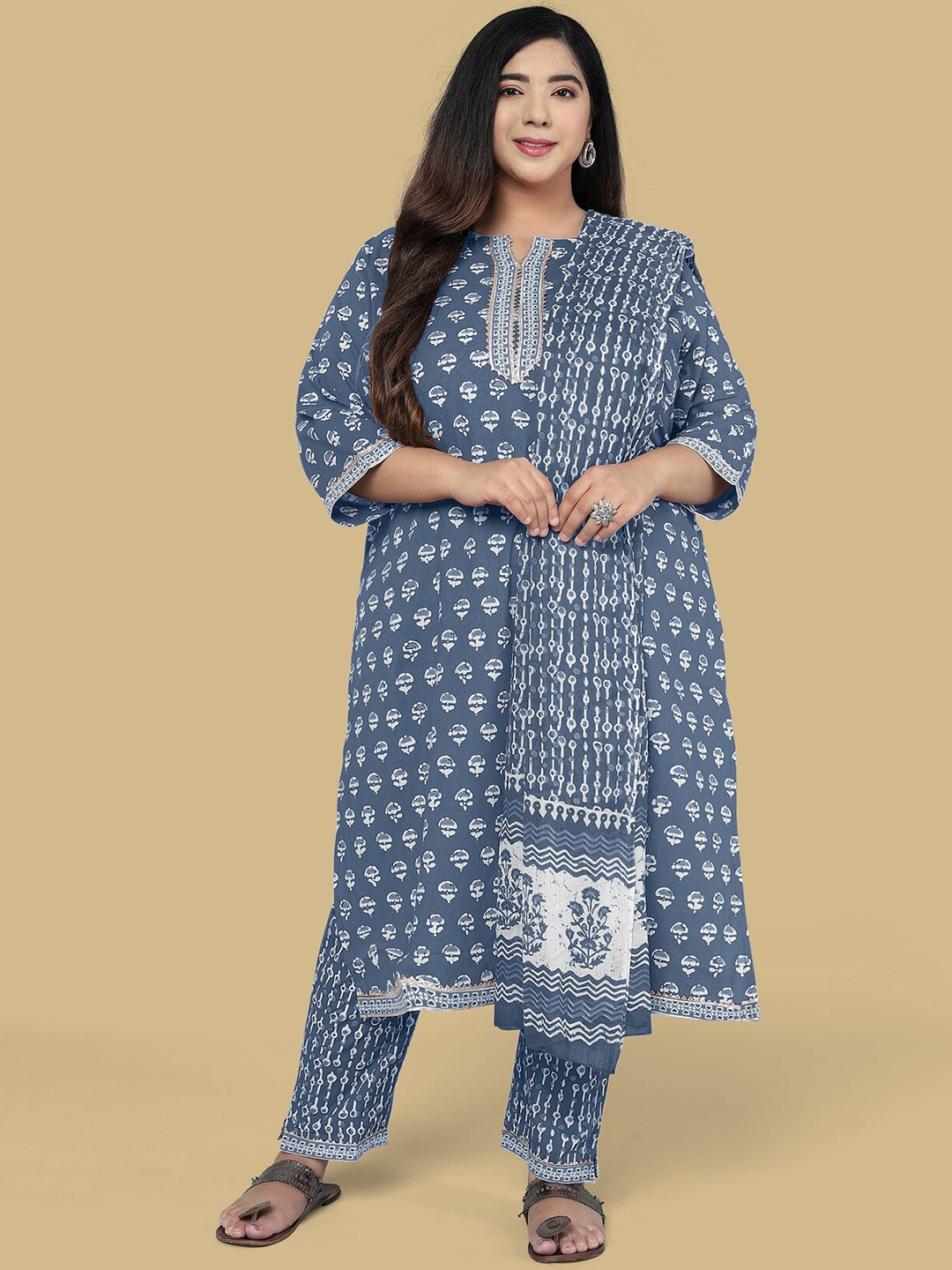 Mirchi Fashion Ethnic Motifs Printed Pure Cotton Kurti with Trousers & Dupatta Plus Size
