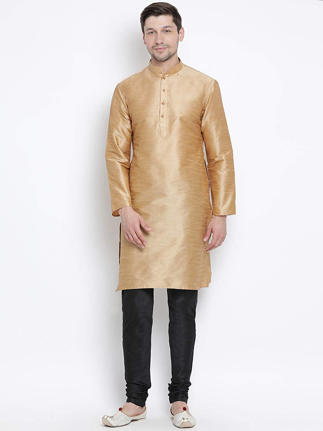 ROYAL KURTA Men Bronze-Toned Angrakha Dupion Silk Kurta with Churidar Pant