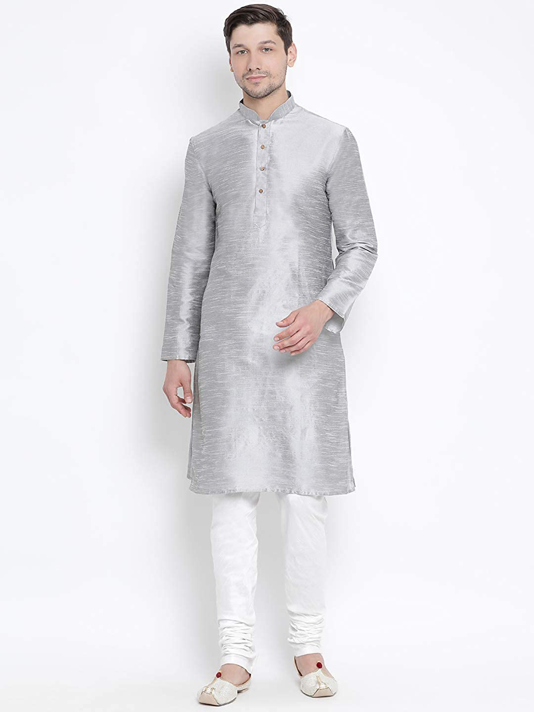 ROYAL KURTA Men Grey Dupion Silk Kurta with Churidar