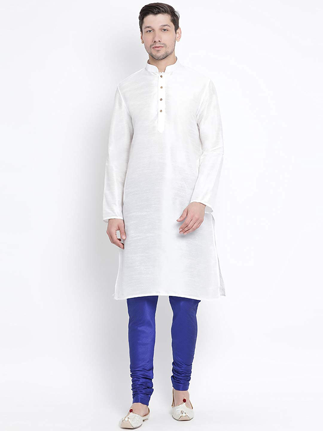ROYAL KURTA Men White Pleated Dupion Silk Kurta with Churidar Pant
