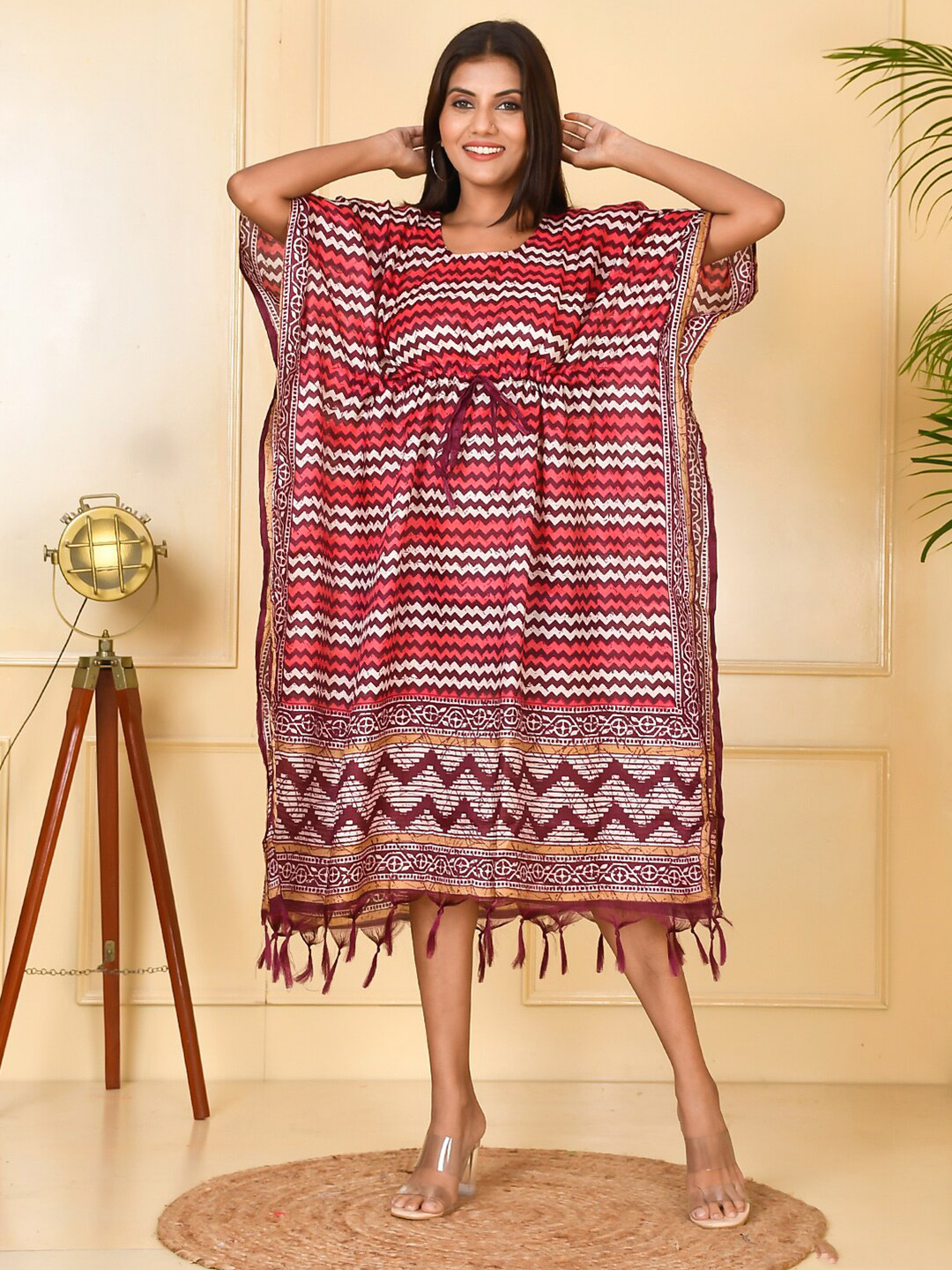 Kesarya Pink & Maroon Kaftan Midi Dress